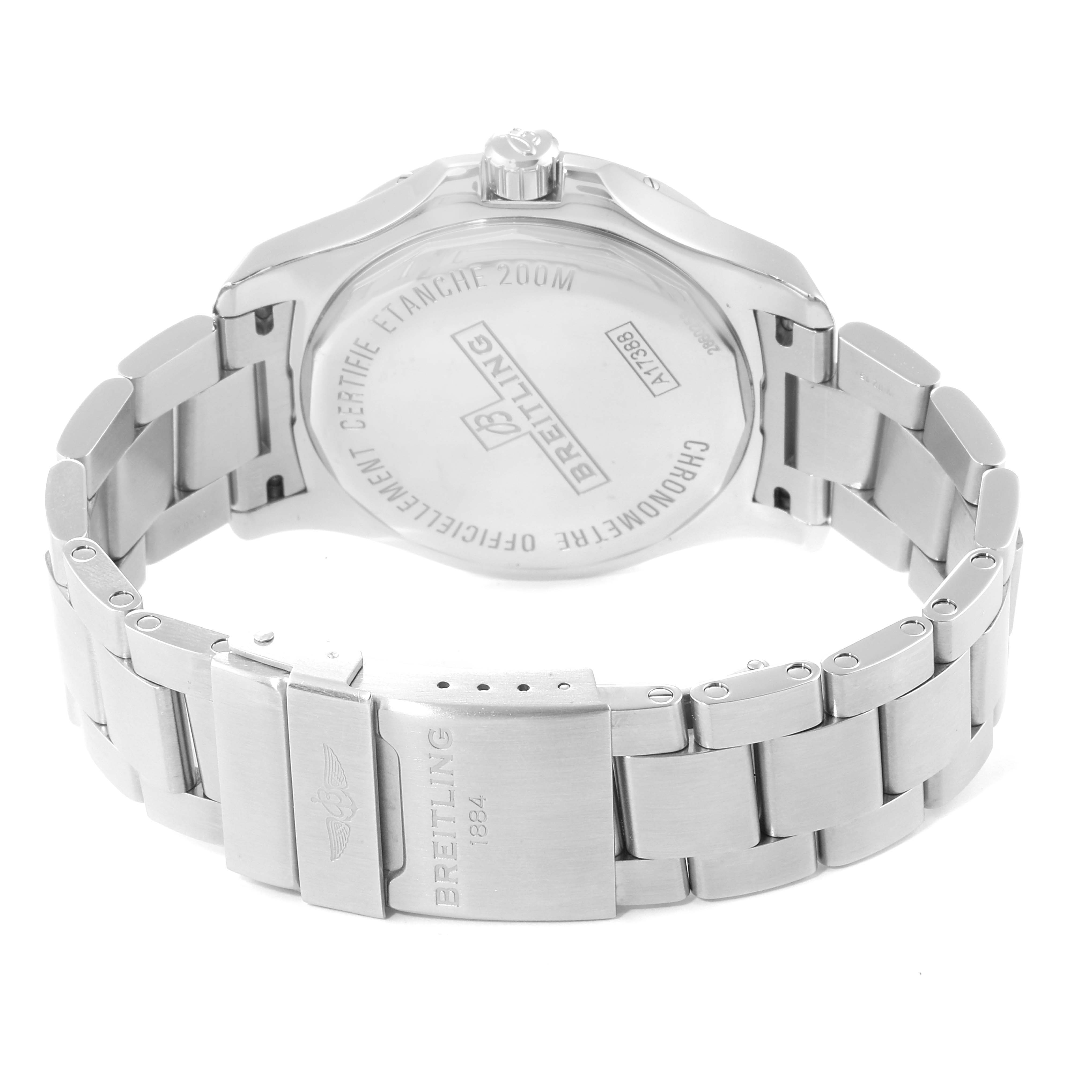 The image shows the back and bracelet of a Breitling Colt A17388 Men's Stainless Steel White Dial A17388 Men's Stainless Steel White Dial watch, including the clasp and case back details.