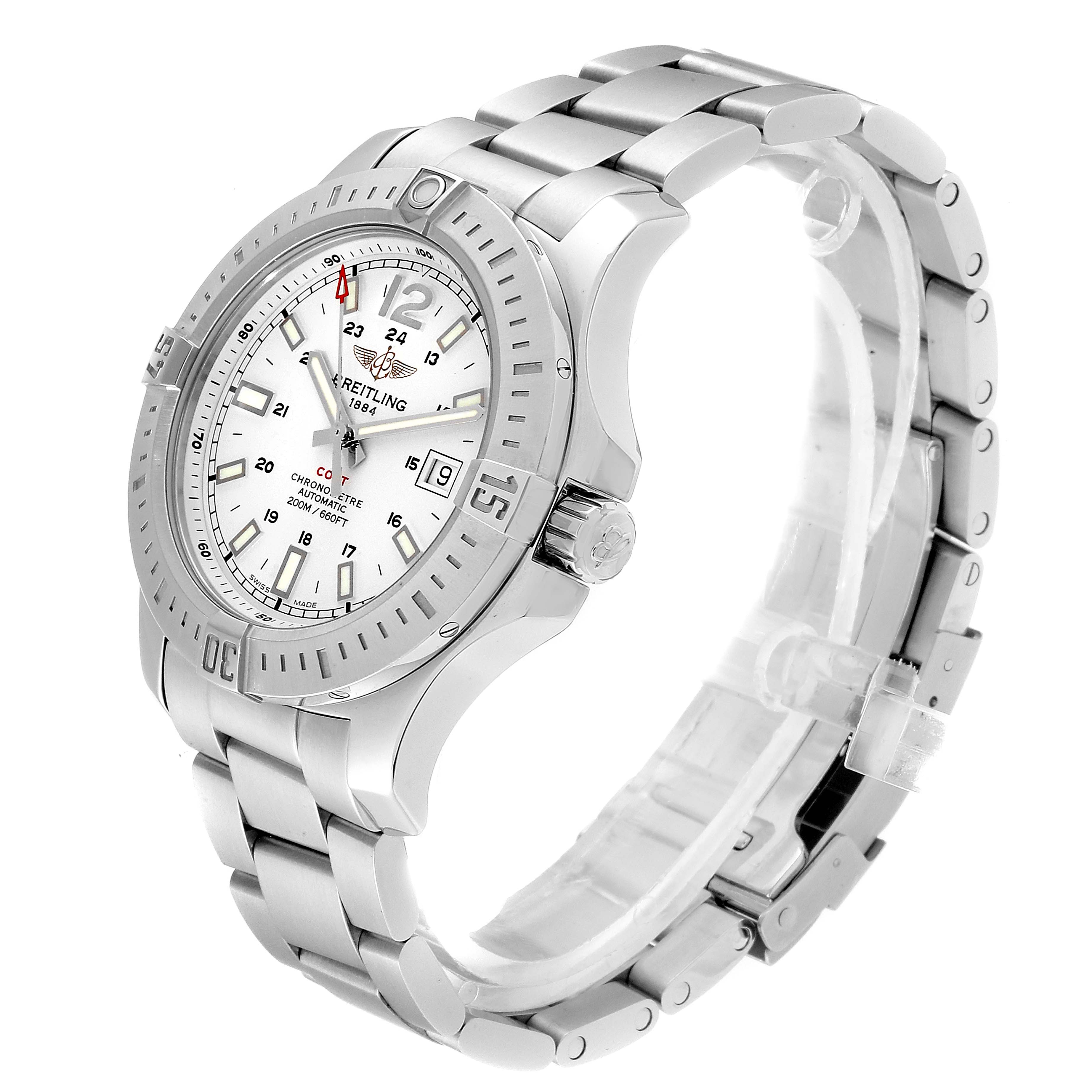 The image shows a side angle view of the Breitling Colt A17388 Men's Stainless Steel White Dial A17388 Men's Stainless Steel White Dial watch, highlighting the face, bezel, crown, and part of the bracelet.