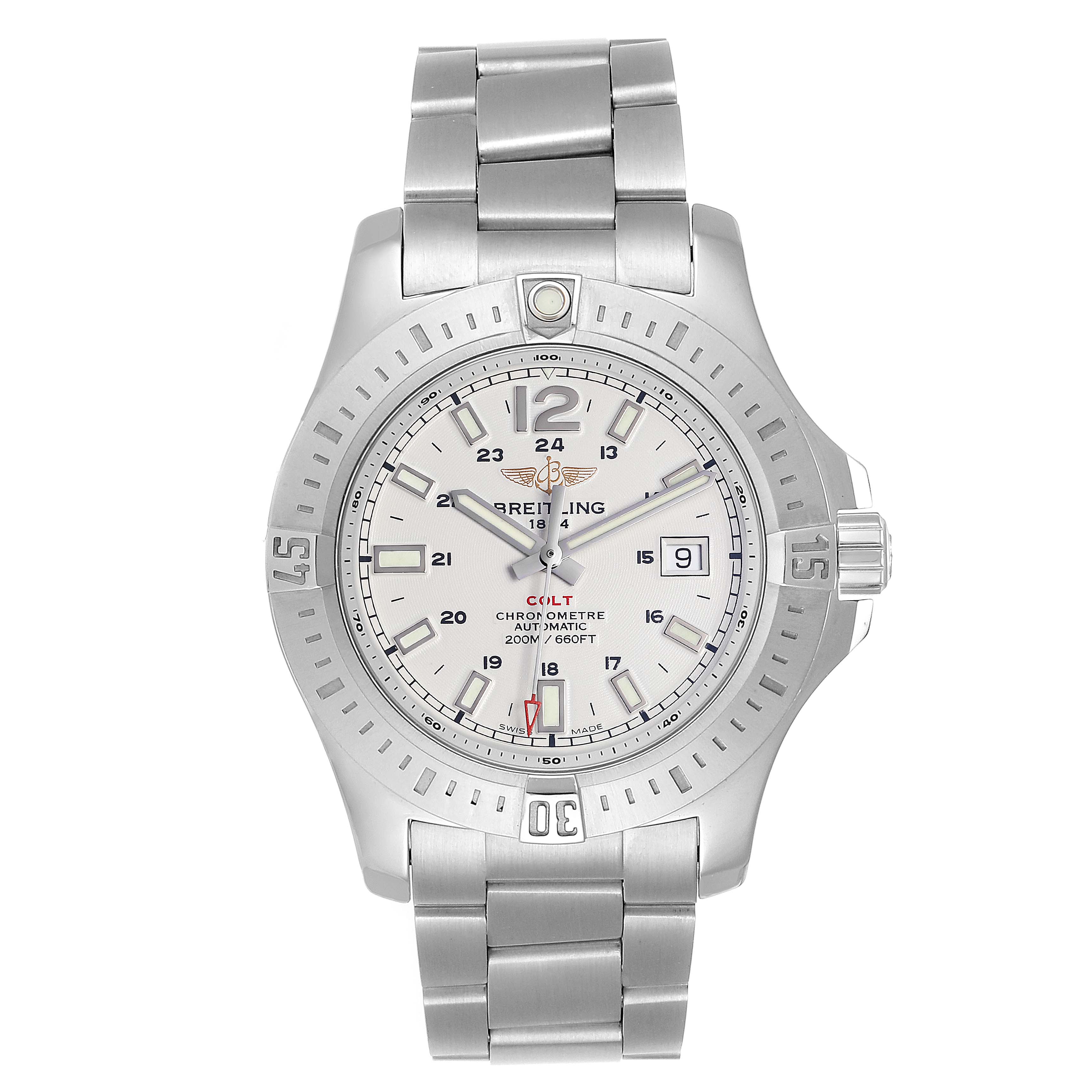 The image shows a frontal view of the Breitling Colt A17388 Men's Stainless Steel White Dial A17388 Men's Stainless Steel White Dial watch, displaying its dial, bracelet, and bezel.