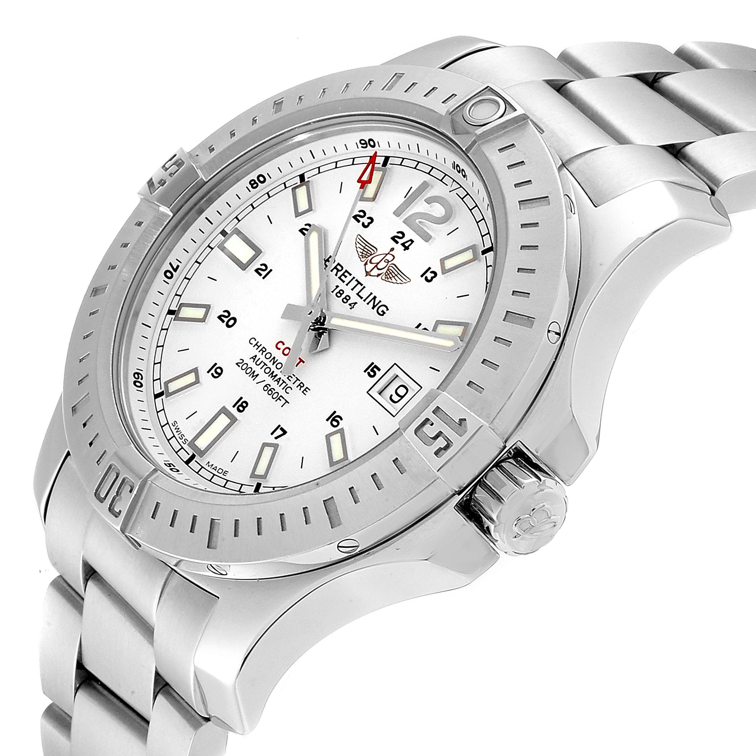 This image shows a Breitling Colt A17388 Men's Stainless Steel White Dial A17388 Men's Stainless Steel White Dial watch at a three-quarter angle, highlighting its stainless steel bracelet, bezel, and white dial.