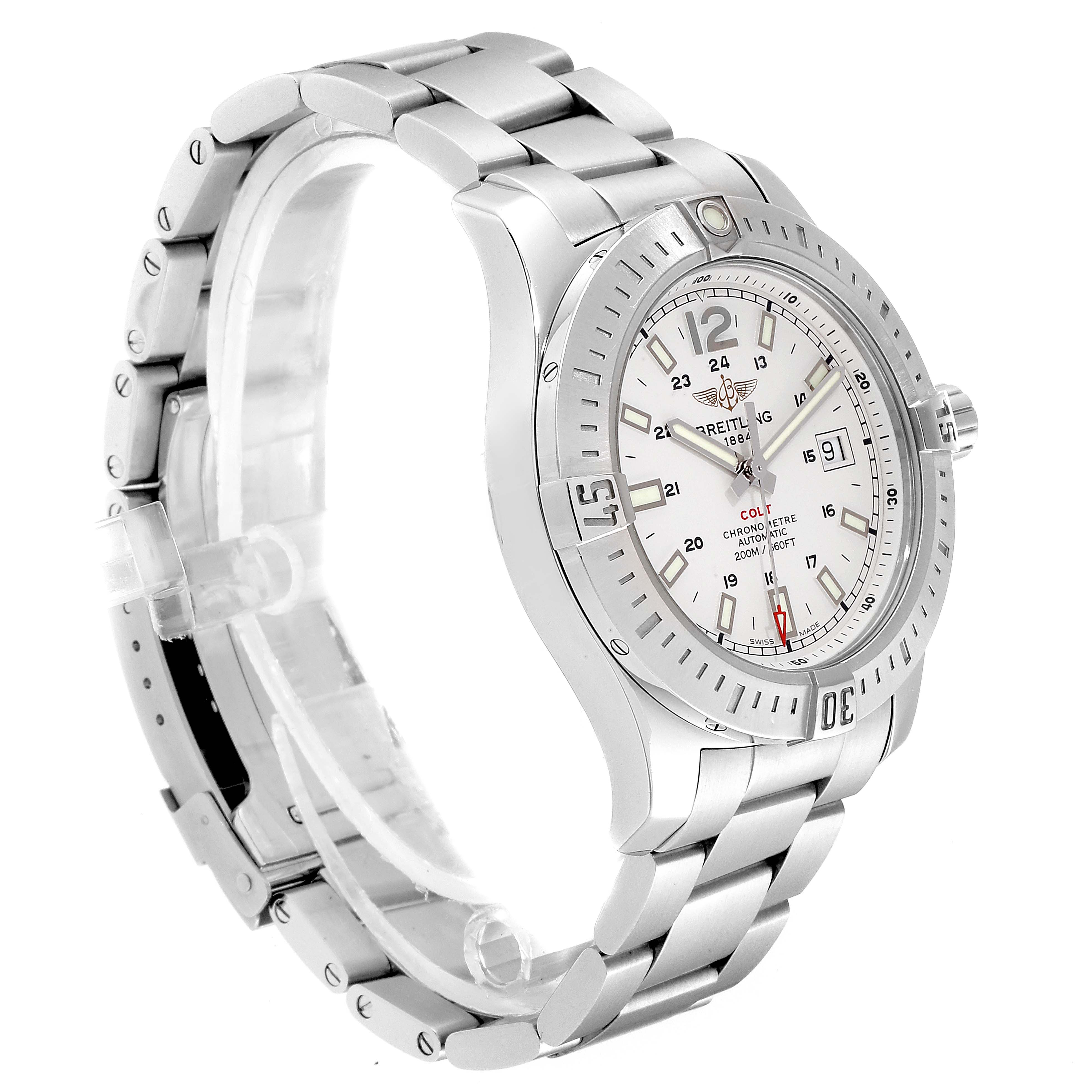 The image shows a Breitling Colt A17388 Men's Stainless Steel White Dial A17388 Men's Stainless Steel White Dial watch from a front-left angle, highlighting the bezel, dial, bracelet, and crown.