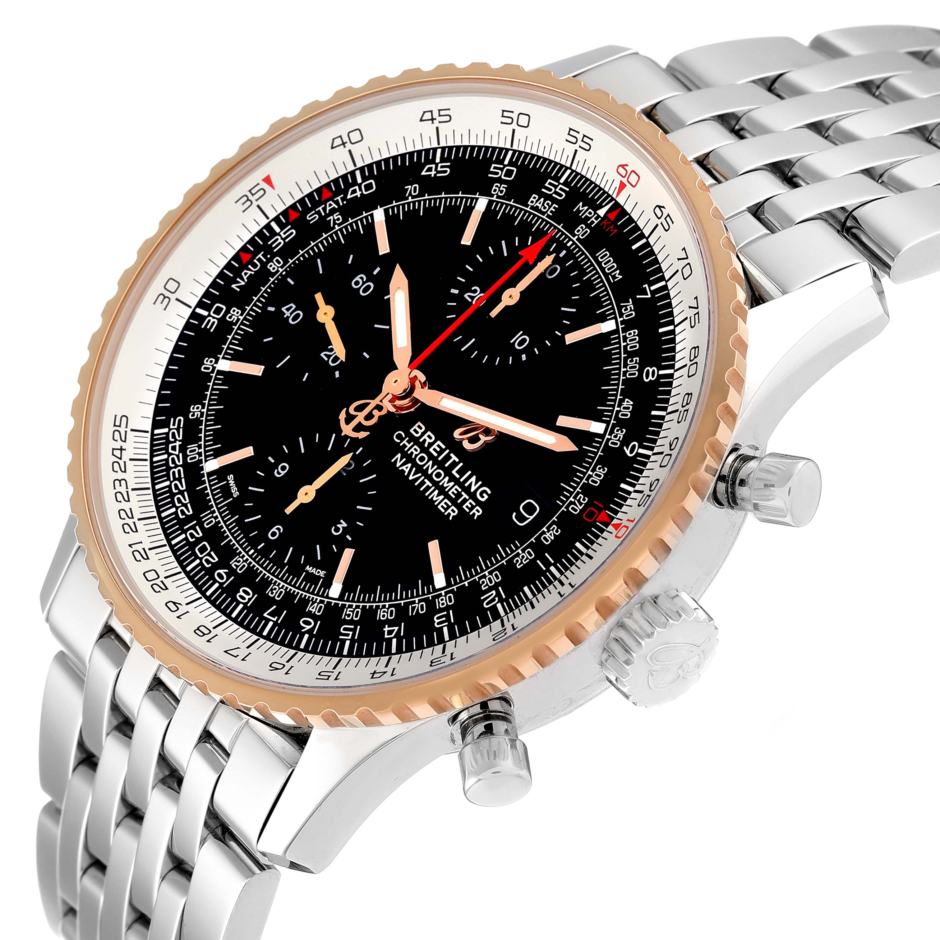 The Breitling Navitimer U13324211B1X1 Men
s Steel and Gold (two tone) Black Dial U13324211B1X1 Men
s Steel and Gold (two tone) Black Dial watch is shown from an oblique angle, highlighting its dial, crown, pushers, and stainless steel bracelet.