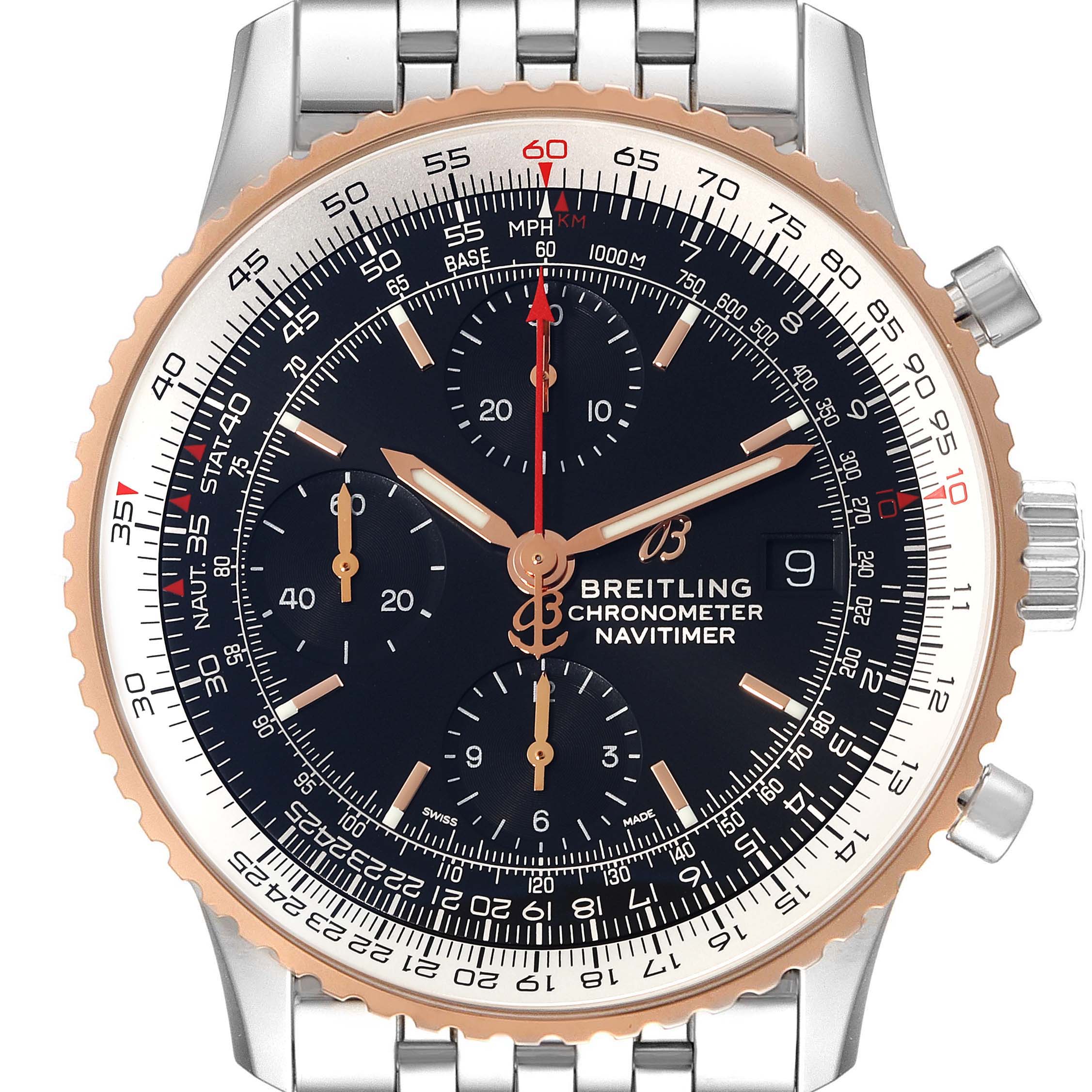 The image shows a front view of a Breitling Navitimer U13324211B1X1 Men
s Steel and Gold (two tone) Black Dial U13324211B1X1 Men
s Steel and Gold (two tone) Black Dial watch, including the face, bezel, and a part of the metal bracelet.