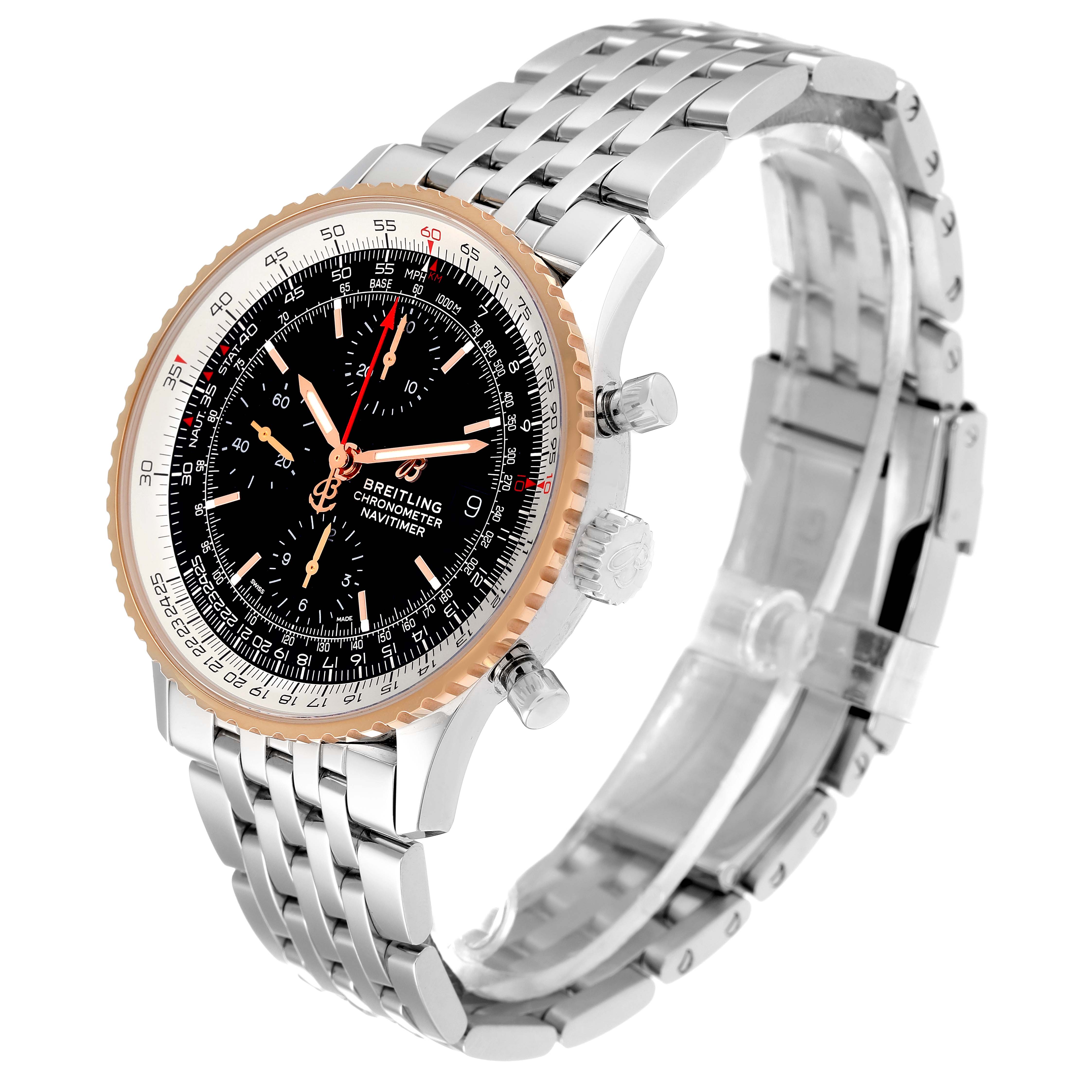 The image shows a side view of the Breitling Navitimer U13324211B1X1 Men
s Steel and Gold (two tone) Black Dial U13324211B1X1 Men
s Steel and Gold (two tone) Black Dial watch, highlighting its black dial, bezel, and metallic bracelet.