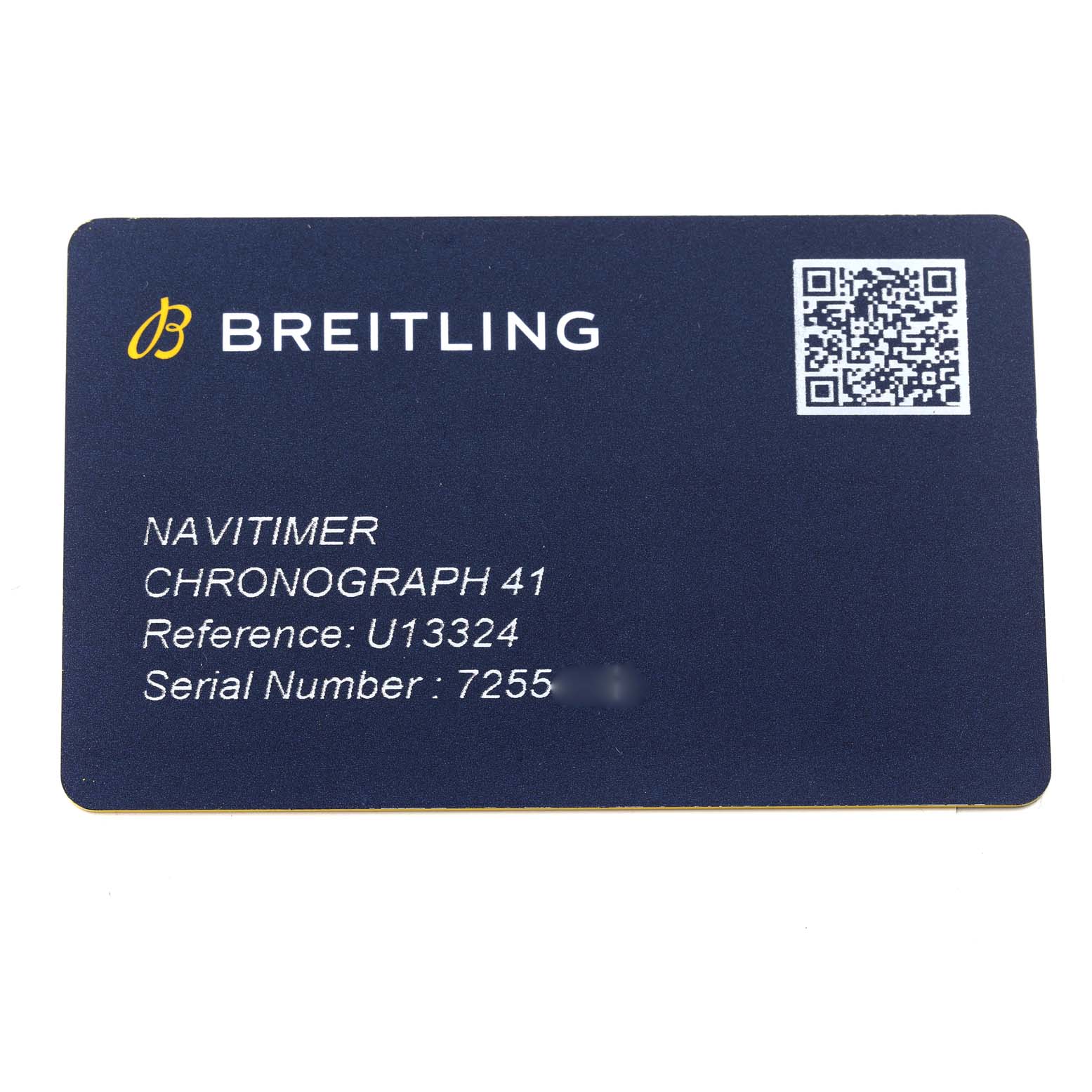 The image shows a warranty card for the Breitling Navitimer U13324211B1X1 Men
s Steel and Gold (two tone) Black Dial U13324211B1X1 Men
s Steel and Gold (two tone) Black Dial Chronograph 41, displaying its reference and serial number.