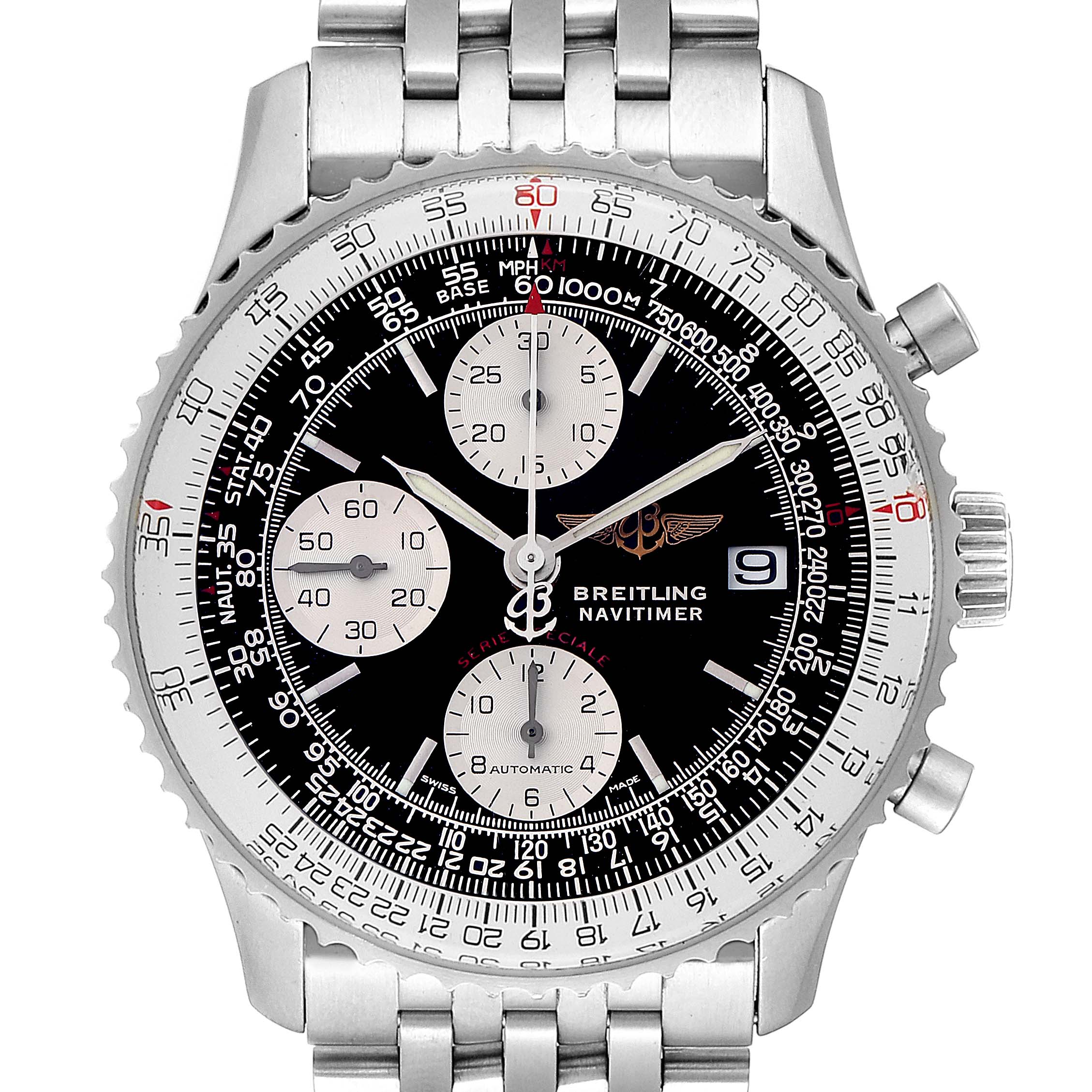 The image shows a front view of a Breitling Navitimer A13330 Men's Stainless Steel Black Dial A13330 Men's Stainless Steel Black Dial watch, highlighting the face, bezel, and part of the bracelet.