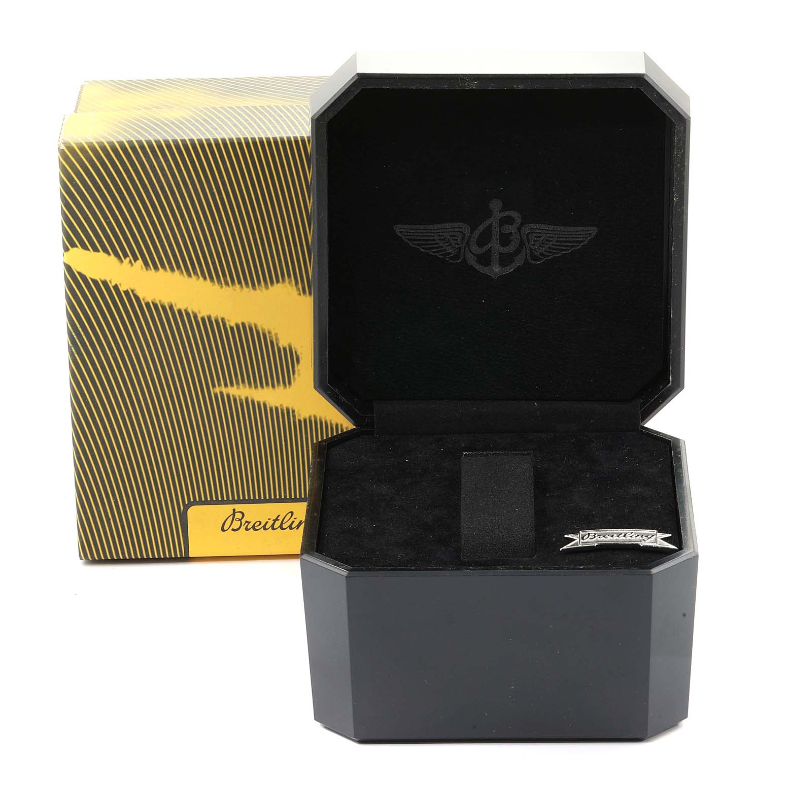 The image shows the open packaging box for the Breitling Navitimer A13330 Men's Stainless Steel Black Dial A13330 Men's Stainless Steel Black Dial watch, displaying the inner velvet lining and logo.