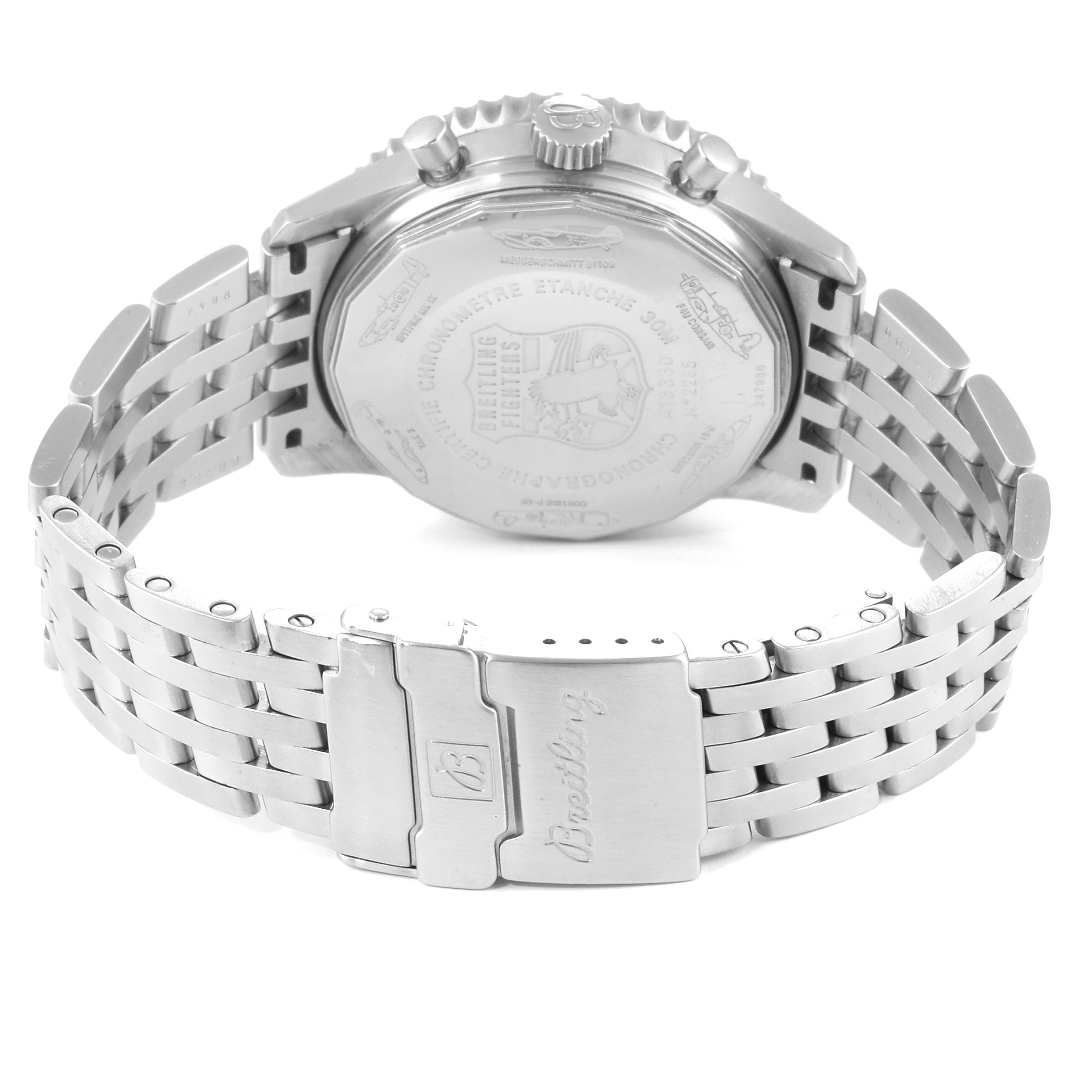 The image shows the back case and bracelet clasp of a Breitling Navitimer A13330 Men's Stainless Steel Black Dial A13330 Men's Stainless Steel Black Dial watch from a rear angle.