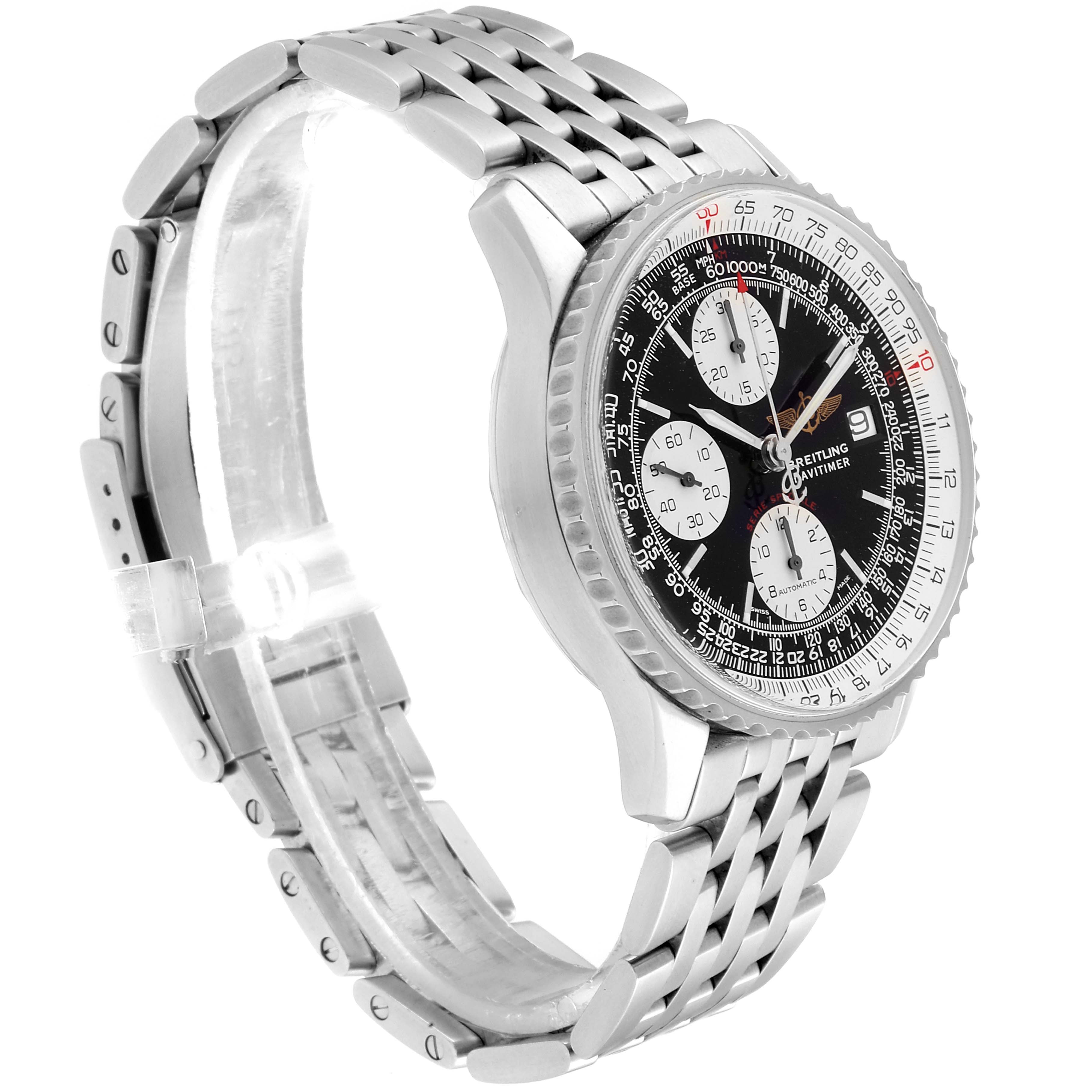 The Breitling Navitimer A13330 Men's Stainless Steel Black Dial A13330 Men's Stainless Steel Black Dial watch is shown at a left-side angle, displaying its bezel, dial, and metal bracelet.