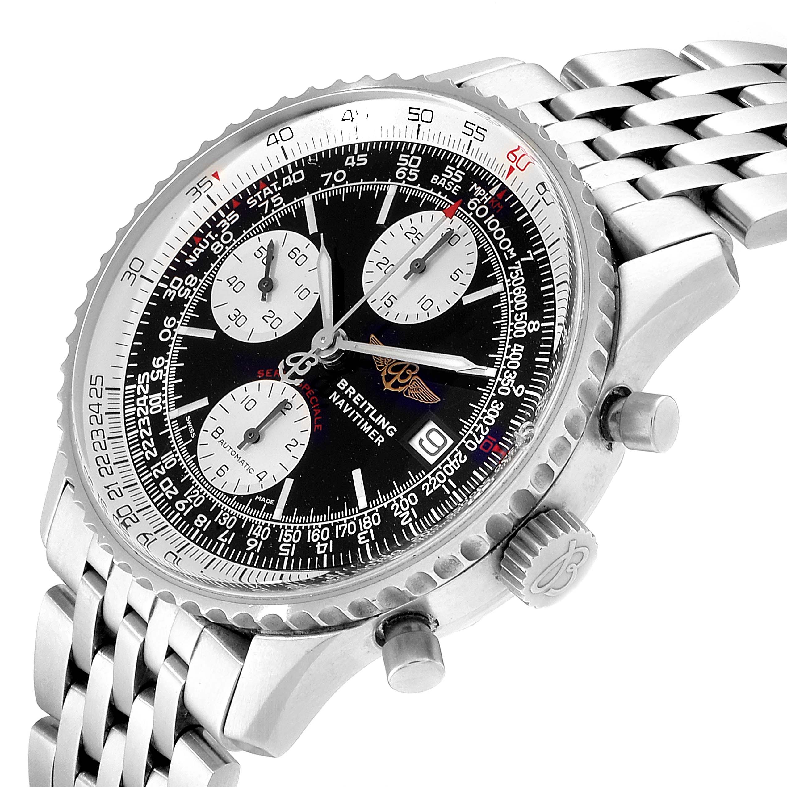 The image shows a close-up, angled view of the Breitling Navitimer A13330 Men's Stainless Steel Black Dial A13330 Men's Stainless Steel Black Dial watch, highlighting its dial, bezel, chronograph subdials, and metal bracelet.