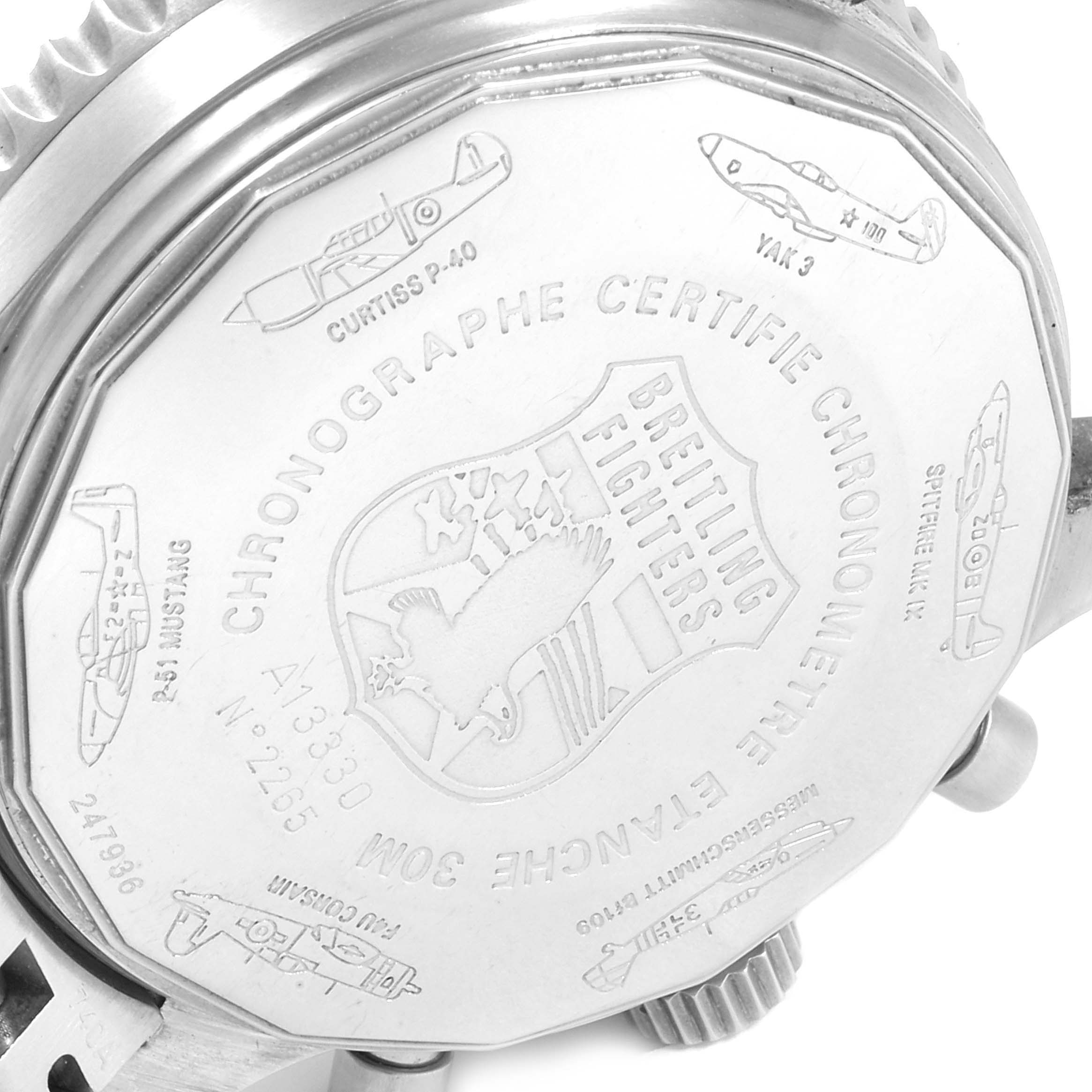 This image shows the back case of the Breitling Navitimer A13330 Men's Stainless Steel Black Dial A13330 Men's Stainless Steel Black Dial model watch, featuring engraved aircraft and text.