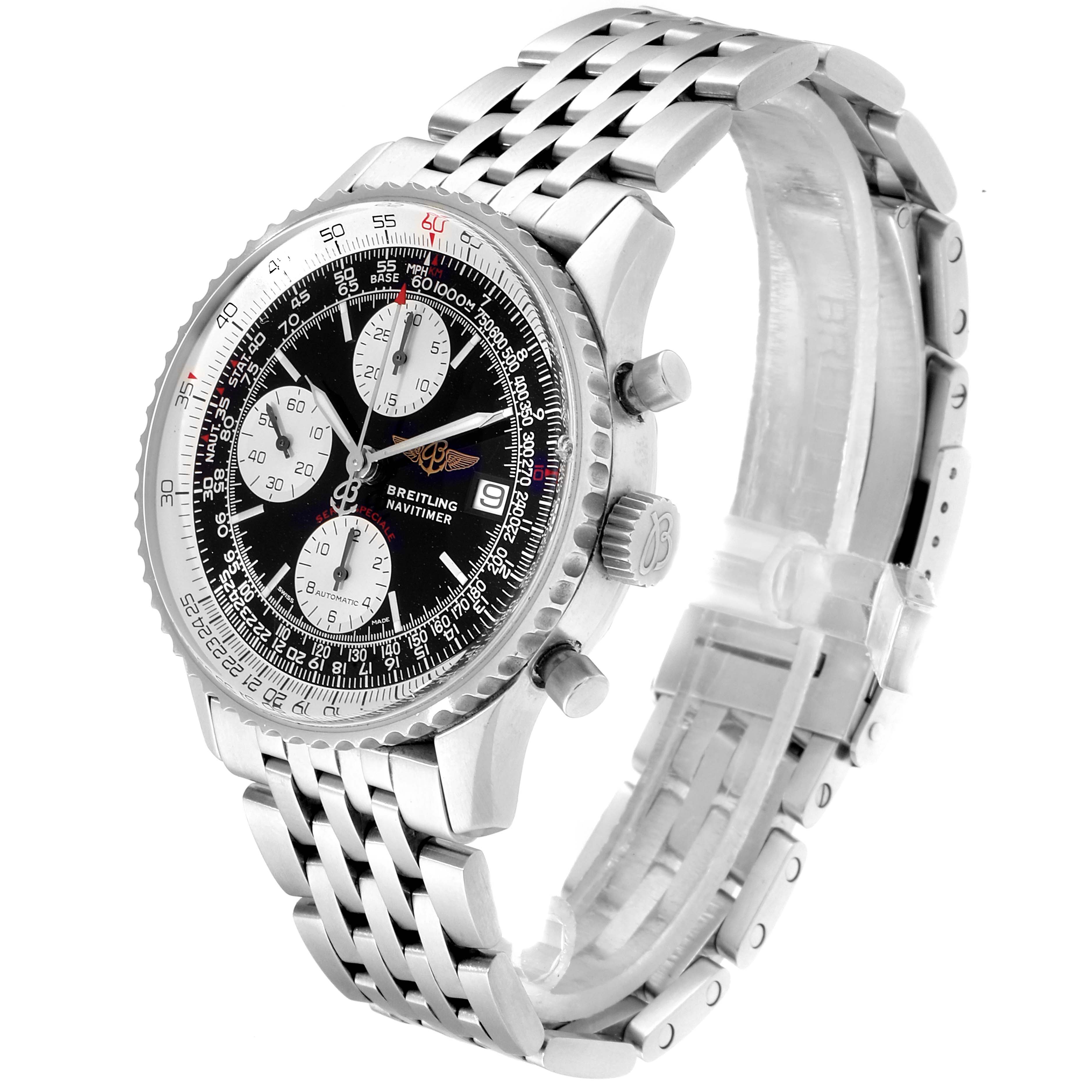 The image shows a Breitling Navitimer A13330 Men's Stainless Steel Black Dial A13330 Men's Stainless Steel Black Dial watch from a front angled view, highlighting the dial, bezel, and metal bracelet.