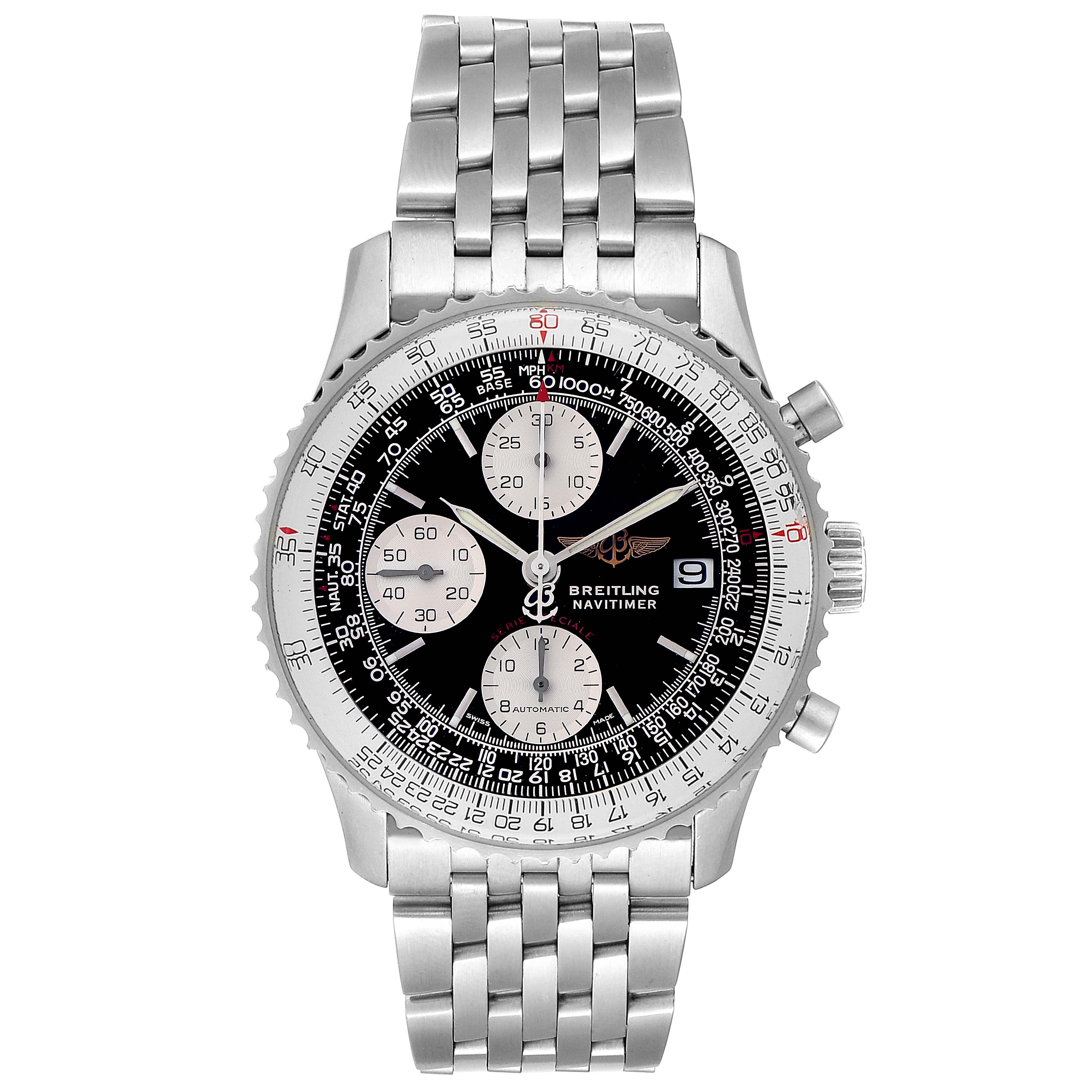 This image shows a front view of a Breitling Navitimer A13330 Men's Stainless Steel Black Dial A13330 Men's Stainless Steel Black Dial watch, featuring its dial, bezel, and stainless steel bracelet.