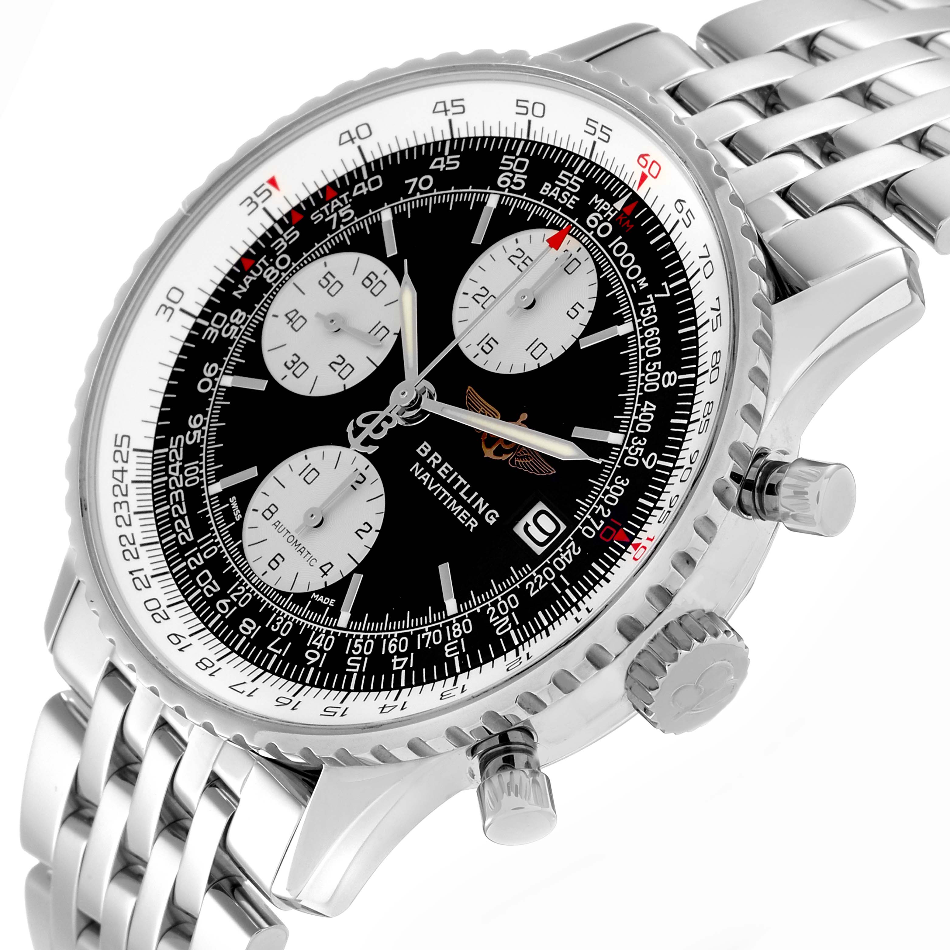 The Breitling Navitimer A1332412/BD49 Men's Stainless Steel Black Dial A1332412/BD49 Men's Stainless Steel Black Dial watch is shown at an angle highlighting the face, bezel, chronograph dials, and bracelet.