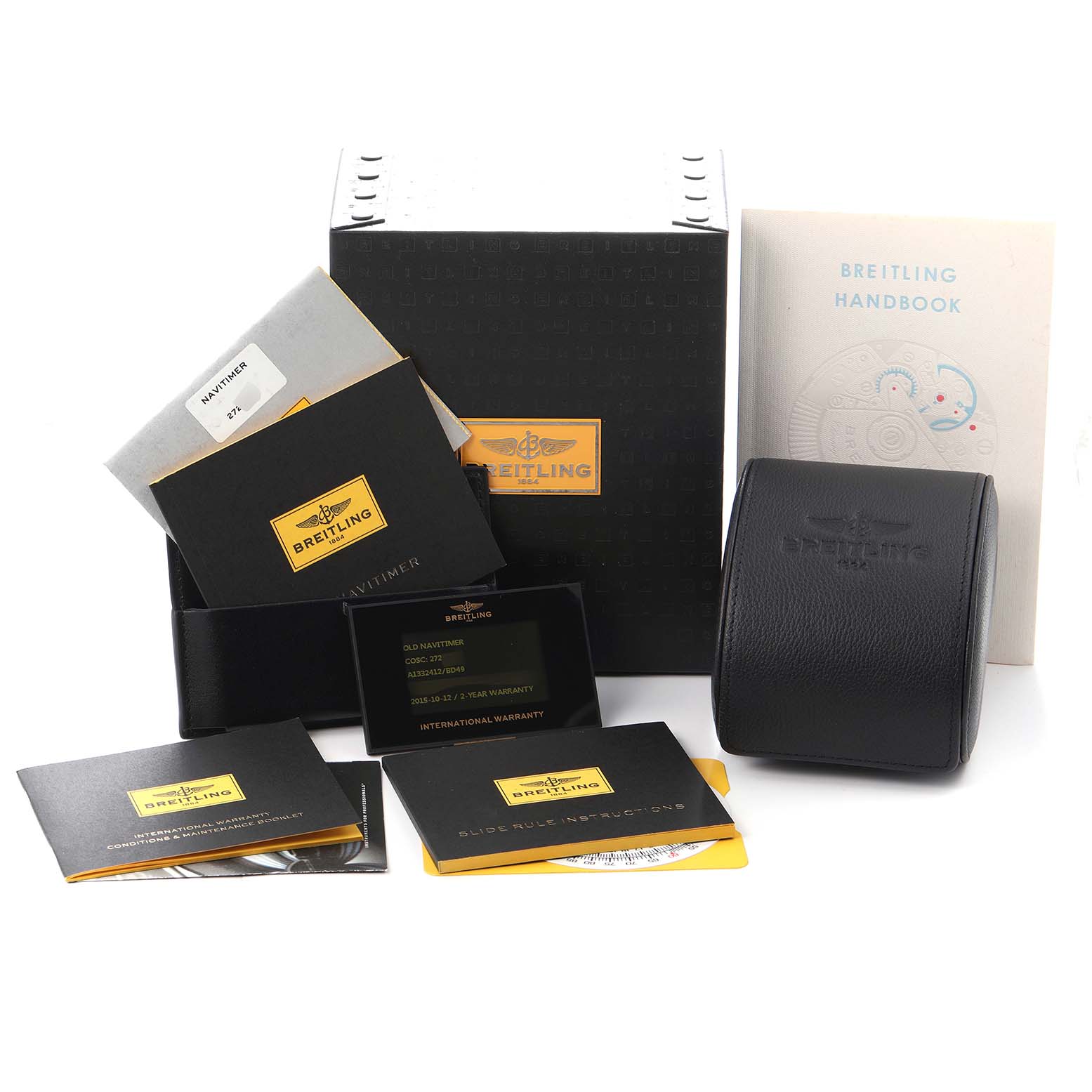 The image shows the packaging, manuals, and warranty card for a Breitling Navitimer A1332412/BD49 Men's Stainless Steel Black Dial A1332412/BD49 Men's Stainless Steel Black Dial watch, including a leather case and outer box.