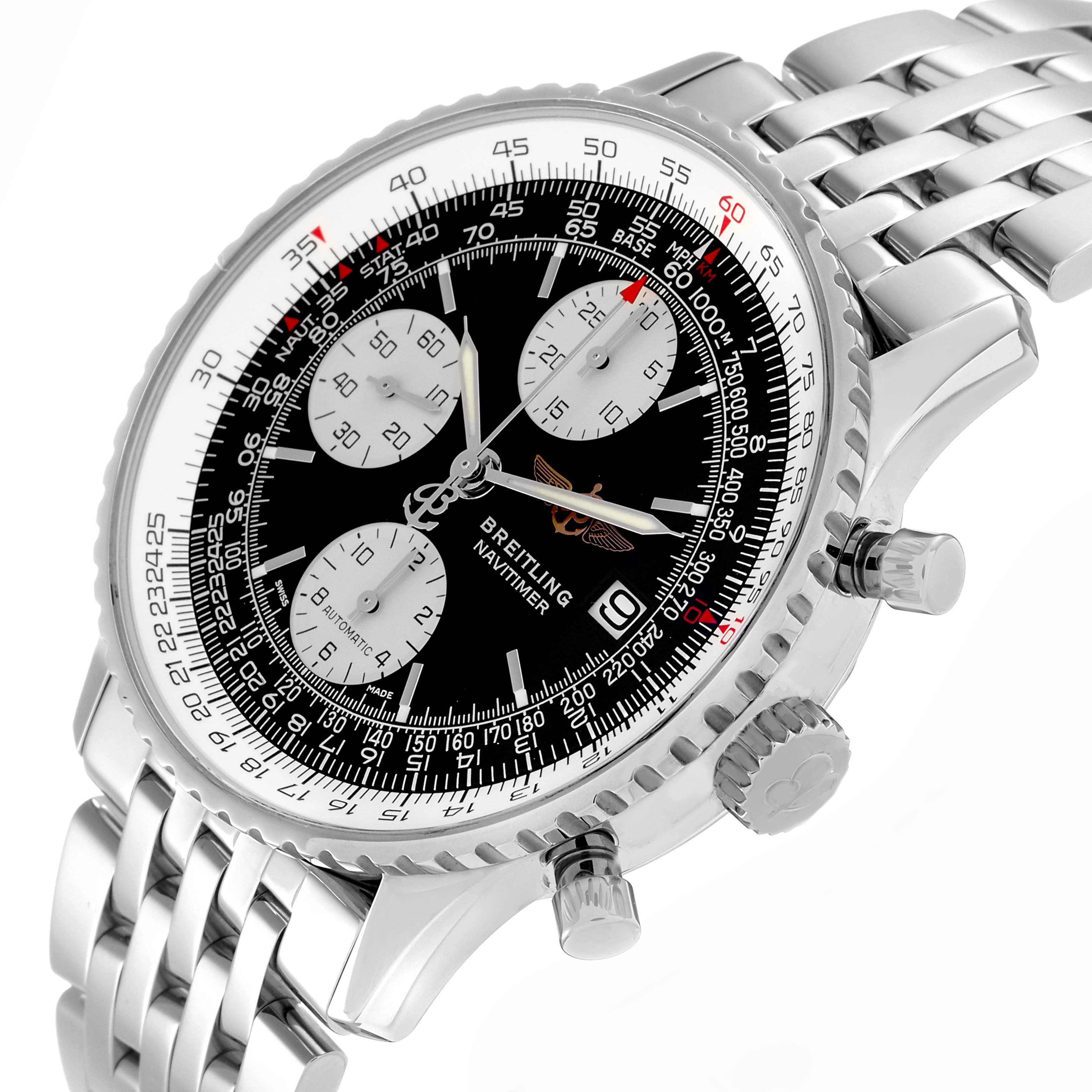 The Breitling Navitimer A1332412/BD49 Men's Stainless Steel Black Dial A1332412/BD49 Men's Stainless Steel Black Dial watch is shown at an angle highlighting the face, bezel, pushers, crown, and metal bracelet.