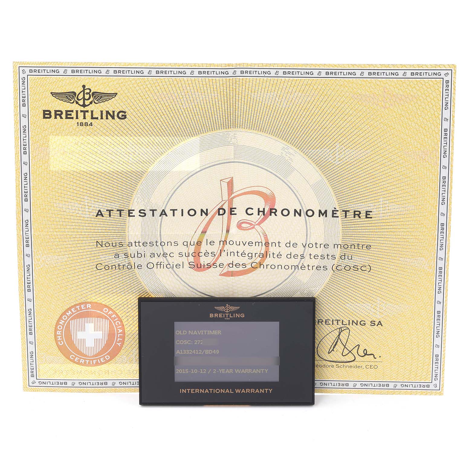 The image shows a Breitling Navitimer A1332412/BD49 Men's Stainless Steel Black Dial A1332412/BD49 Men's Stainless Steel Black Dial's certificate and international warranty card.