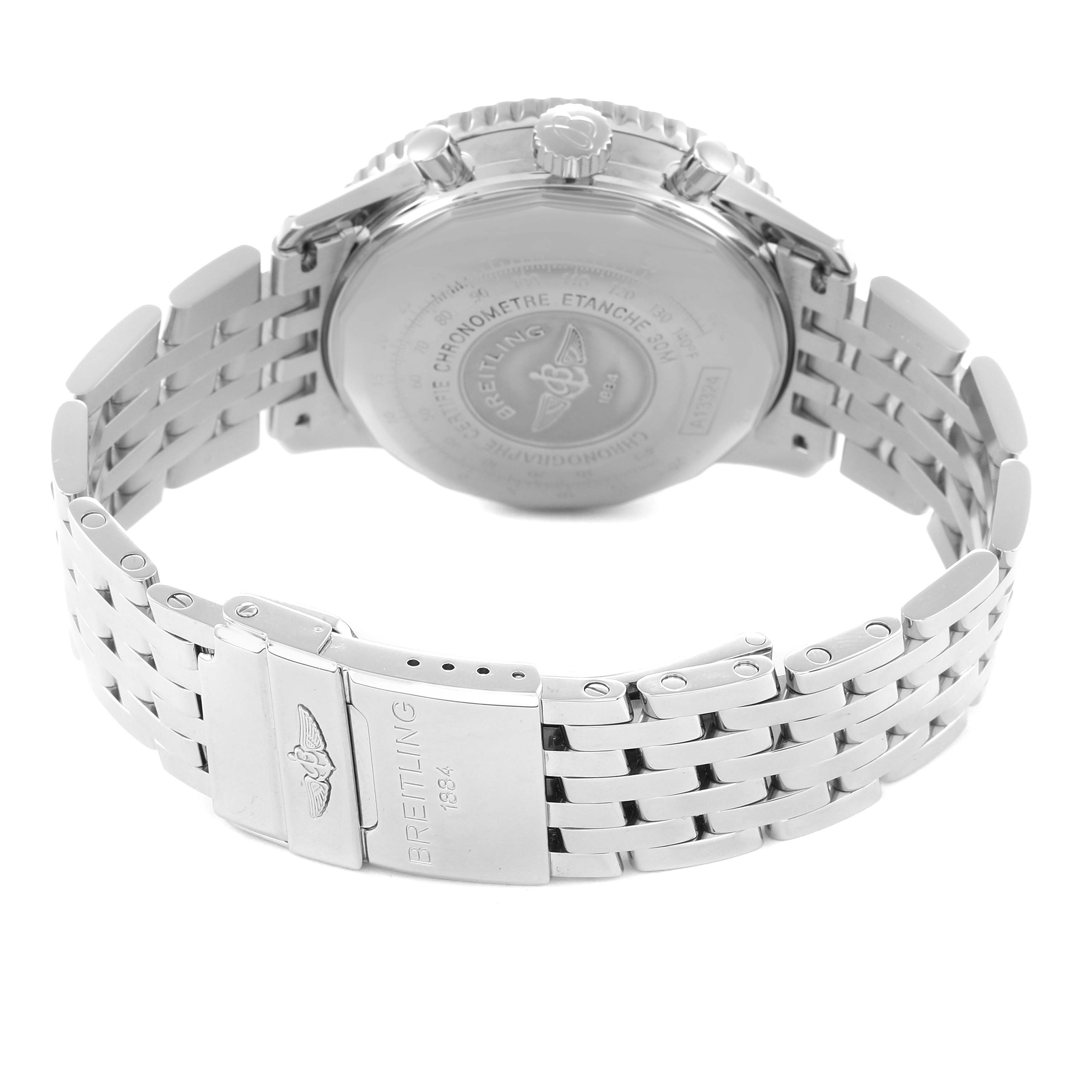 The image shows the back of the Breitling Navitimer A1332412/BD49 Men's Stainless Steel Black Dial A1332412/BD49 Men's Stainless Steel Black Dial watch, focusing on its case back and stainless steel bracelet.