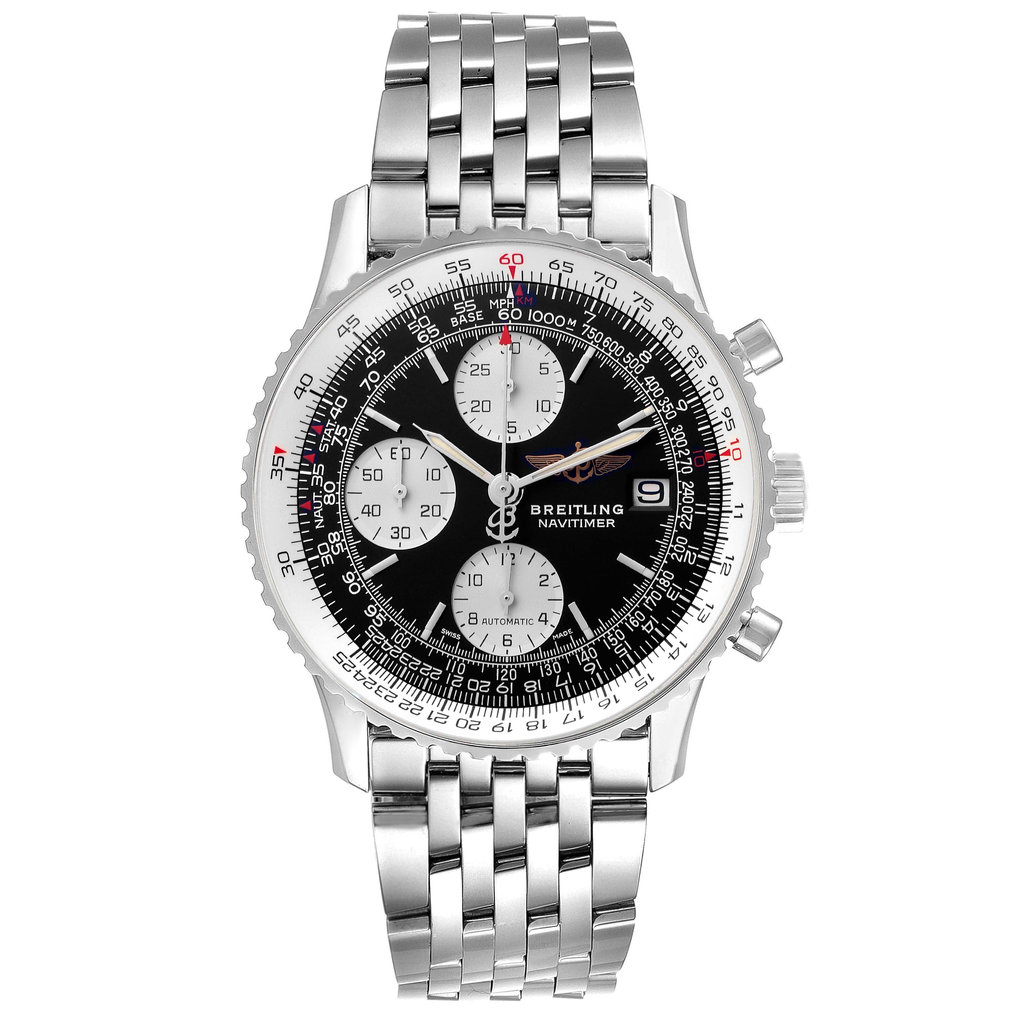 The Breitling Navitimer A1332412/BD49 Men's Stainless Steel Black Dial A1332412/BD49 Men's Stainless Steel Black Dial watch is shown from the front, displaying its face, bezel, and stainless steel bracelet.