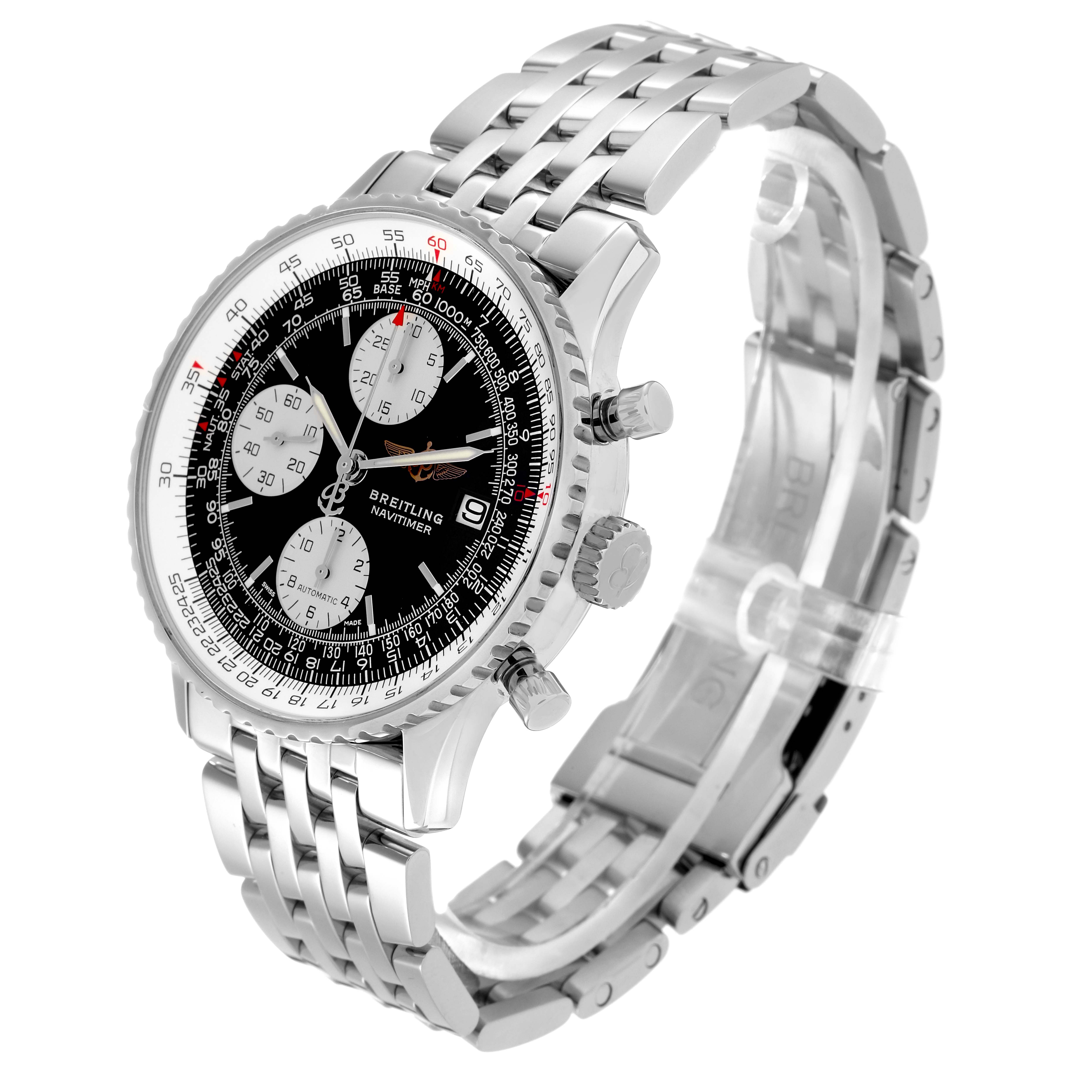 The Breitling Navitimer A1332412/BD49 Men's Stainless Steel Black Dial A1332412/BD49 Men's Stainless Steel Black Dial is shown at a slight angle, highlighting its black dial, chronograph subdials, and stainless steel bracelet.