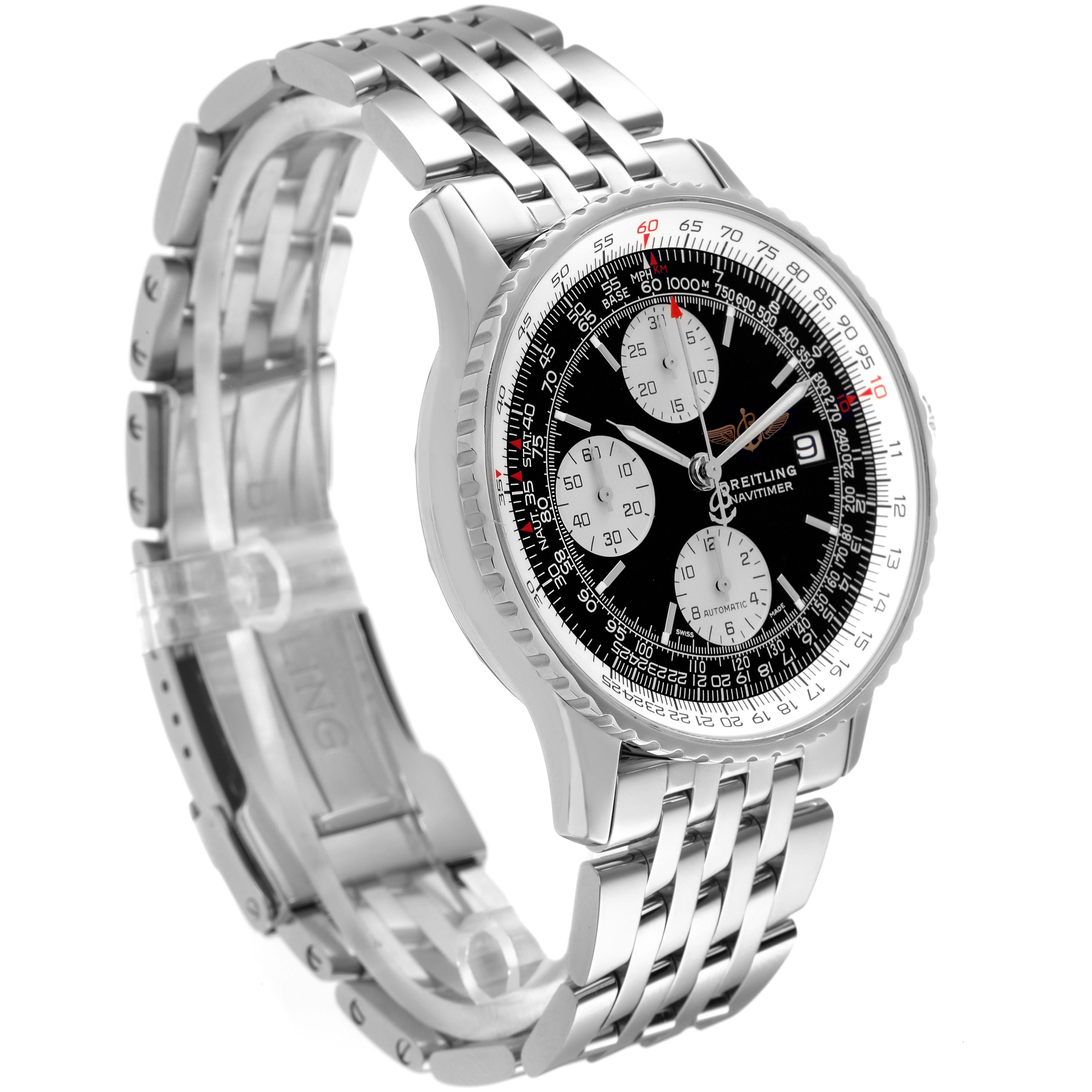 The Breitling Navitimer A1332412/BD49 Men's Stainless Steel Black Dial A1332412/BD49 Men's Stainless Steel Black Dial watch is shown at a three-quarter angle, displaying its face, bezel, and metal bracelet.