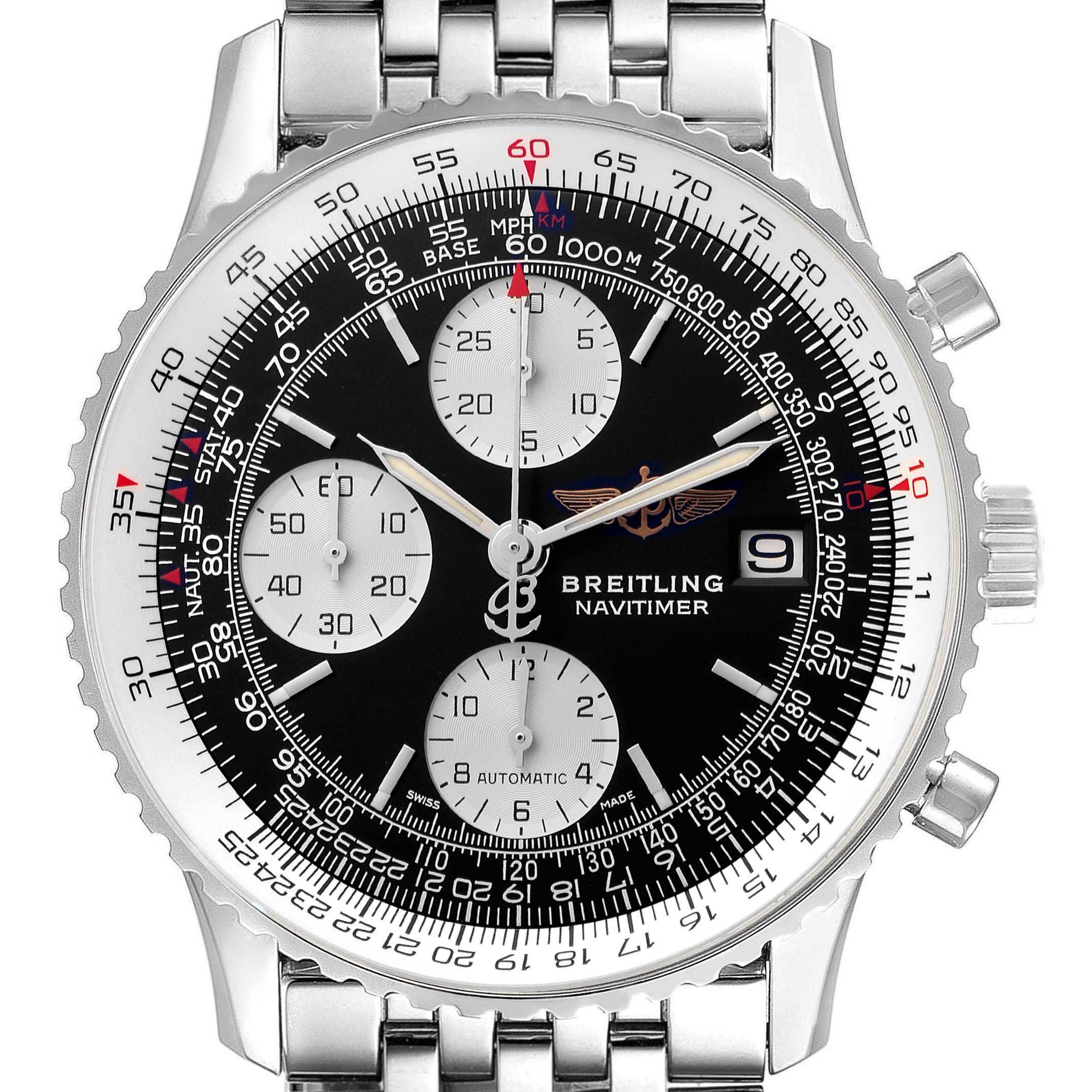 The Breitling Navitimer A1332412/BD49 Men's Stainless Steel Black Dial A1332412/BD49 Men's Stainless Steel Black Dial watch is shown in a top-down angle, highlighting its face, sub-dials, and part of the metal bracelet.