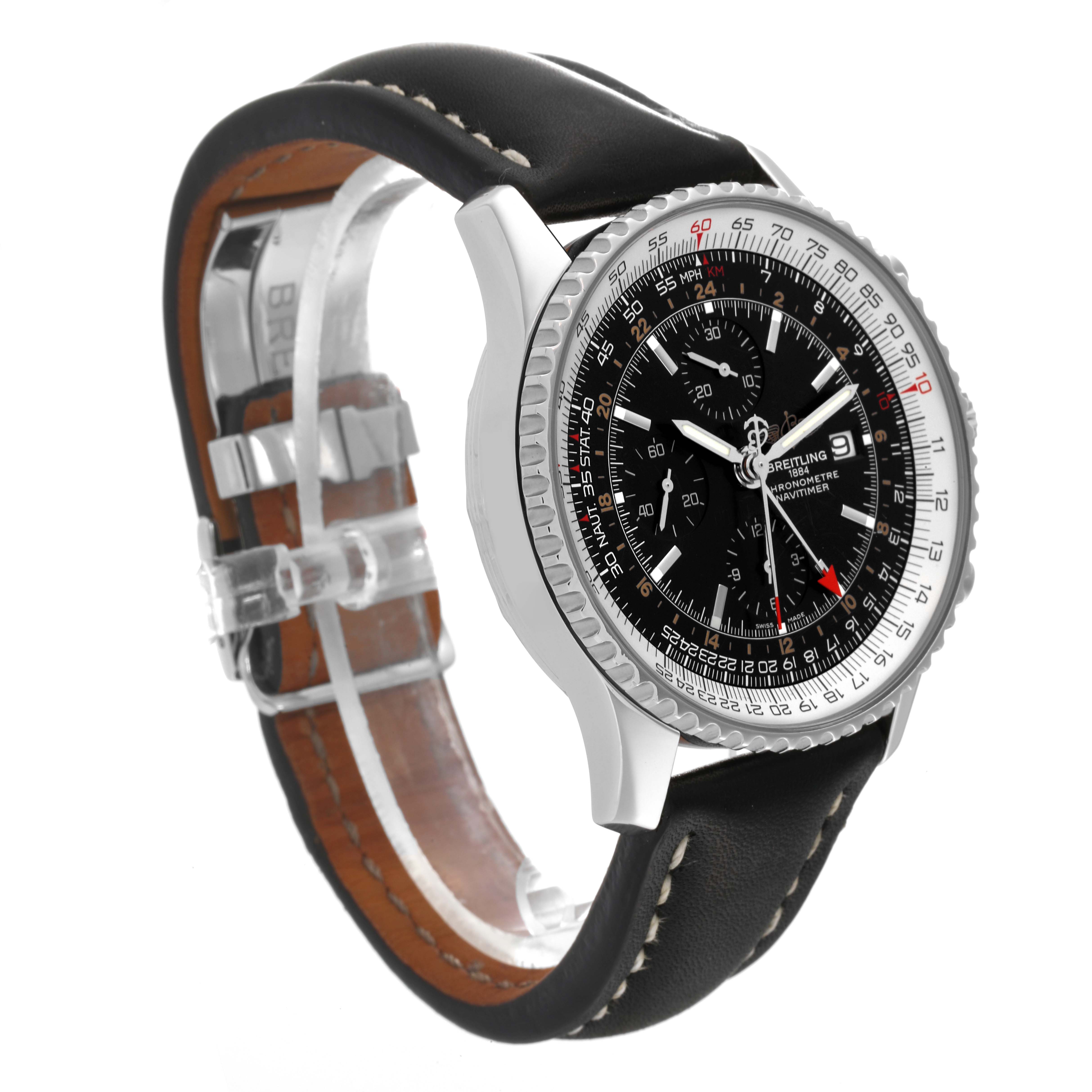 The Breitling Navitimer A24322 Men
s Stainless Steel Black Dial A24322 Men
s Stainless Steel Black Dial watch is shown from a 3/4 angle, showcasing the bezel, dial, and black leather strap with clasp.