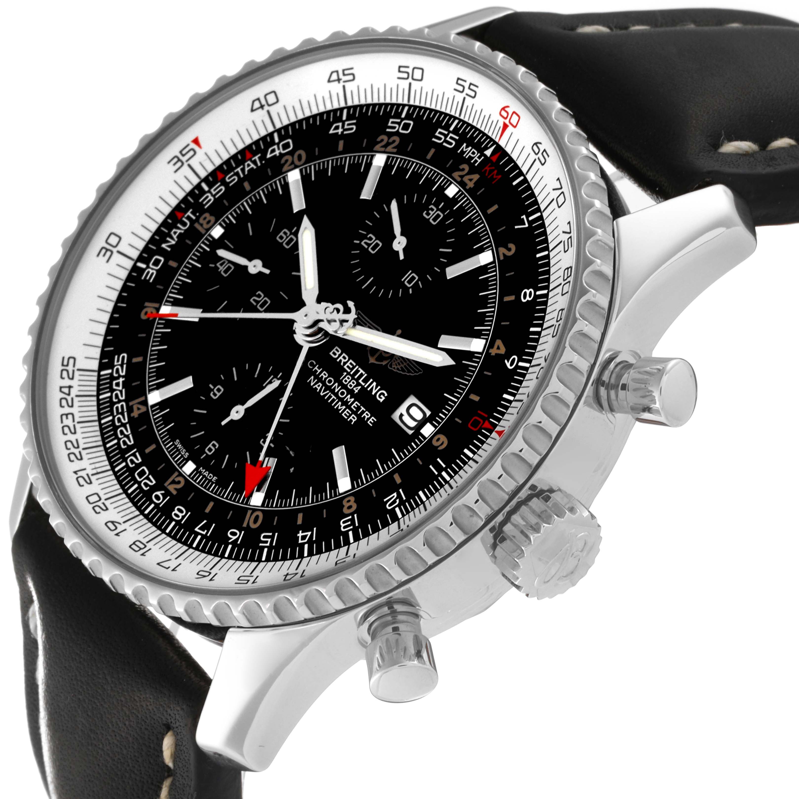 The image shows a Breitling Navitimer A24322 Men
s Stainless Steel Black Dial A24322 Men
s Stainless Steel Black Dial watch from a 3/4 angle, highlighting the dial, bezel, crown, pushers, and part of the leather strap.