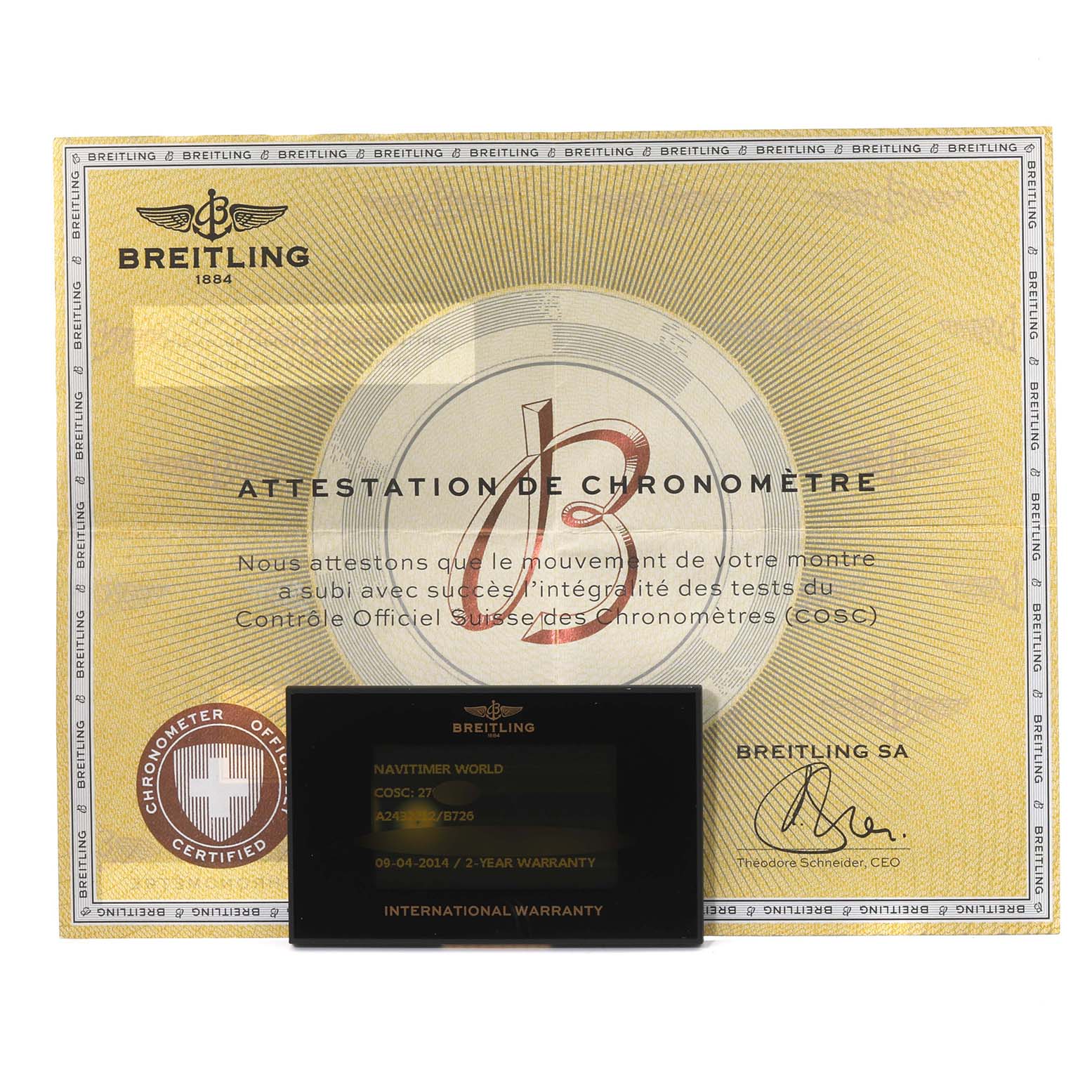 The image shows the certificate of Best Quality
ity and international warranty card for the Breitling Navitimer A24322 Men
s Stainless Steel Black Dial A24322 Men
s Stainless Steel Black Dial model watch.