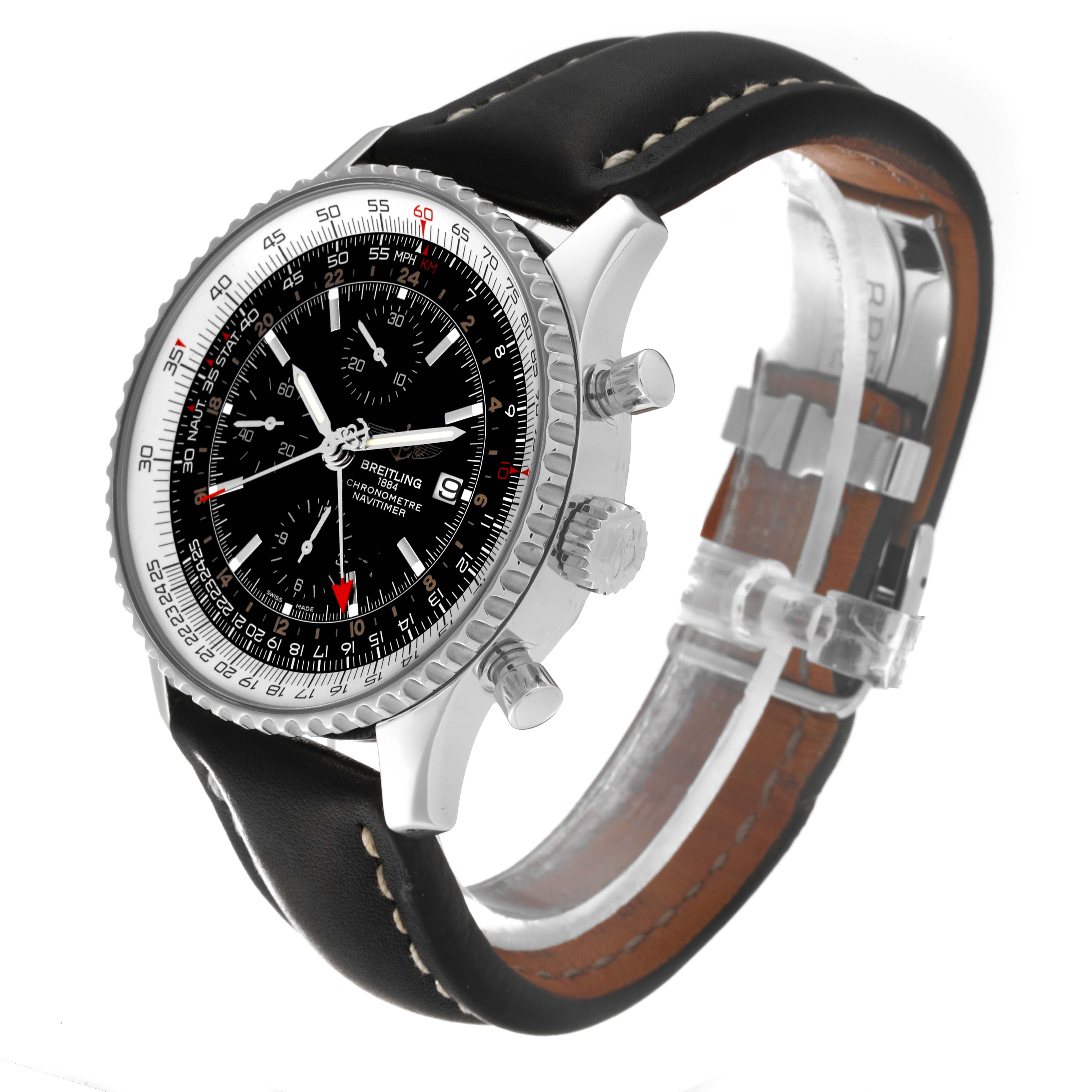 The image shows a Breitling Navitimer A24322 Men
s Stainless Steel Black Dial A24322 Men
s Stainless Steel Black Dial watch at a side angle, highlighting its face, bezel, crown, pushers, and leather strap.
