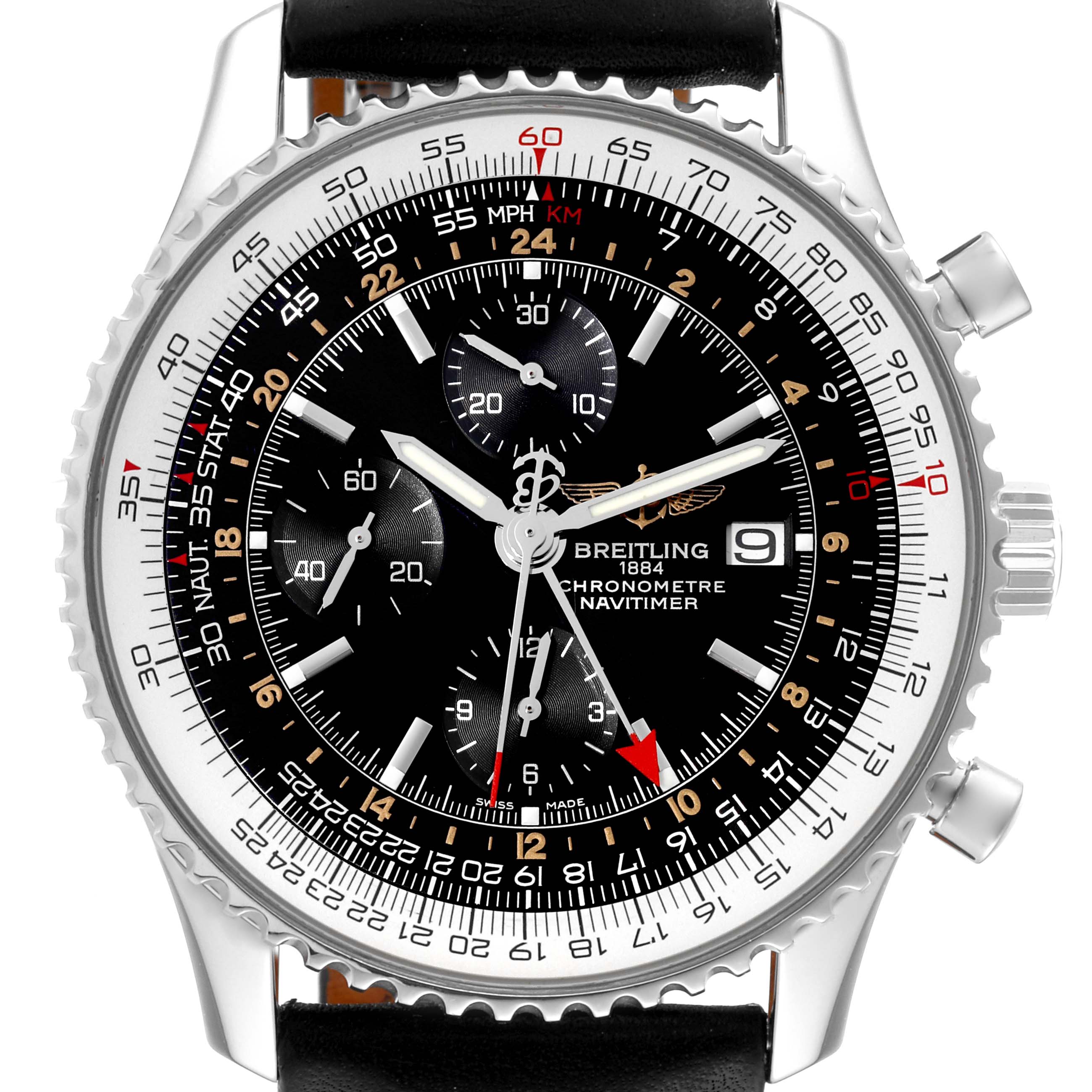 The Breitling Navitimer A24322 Men
s Stainless Steel Black Dial A24322 Men
s Stainless Steel Black Dial watch is shown from a front angle, displaying the dial, bezel, crown, and subdials in full detail.