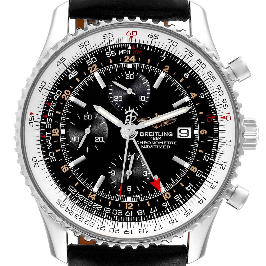 The Breitling Navitimer watch is shown from a front angle, displaying the dial, bezel, crown, and subdials in full detail.