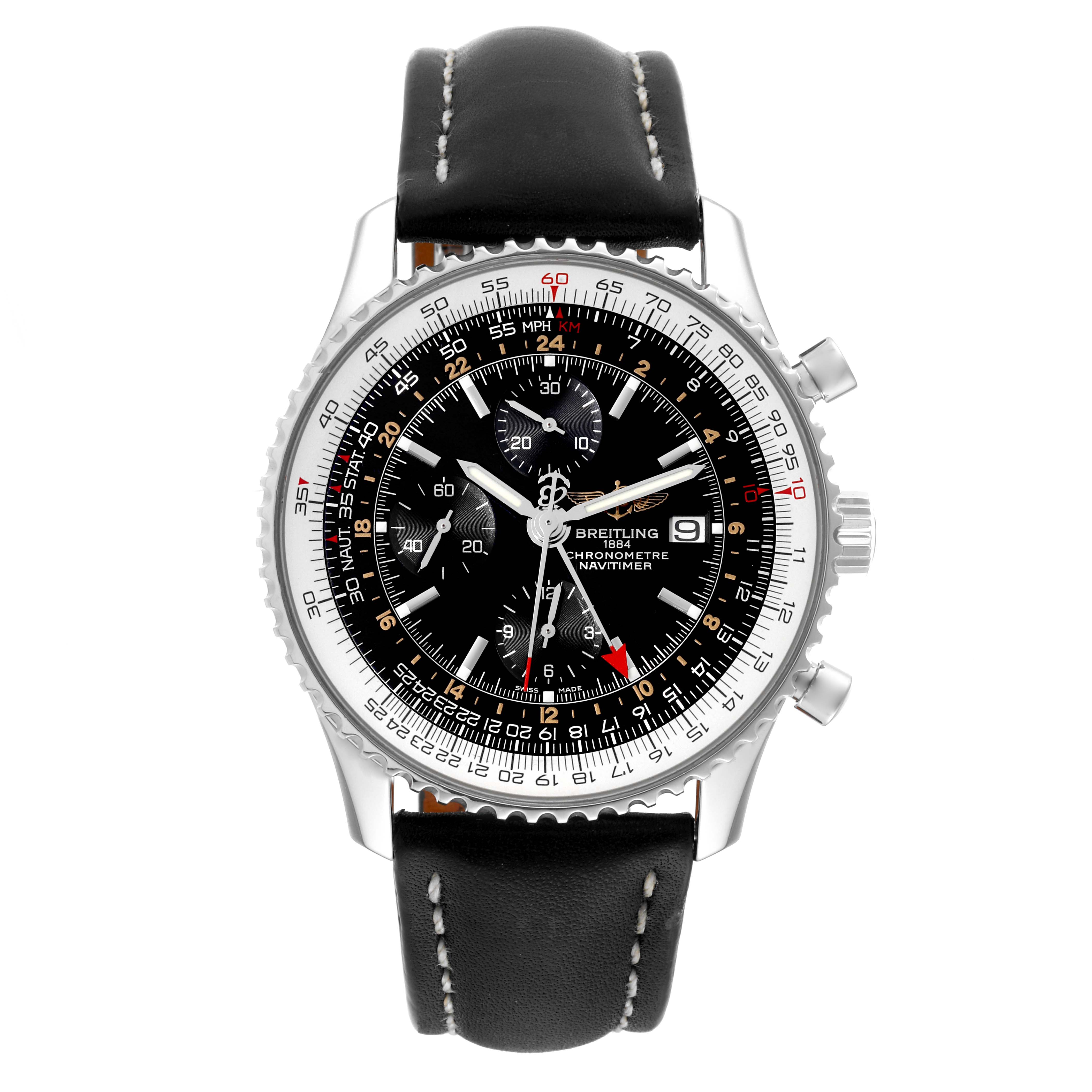 The image shows a front view of the Breitling Navitimer A24322 Men
s Stainless Steel Black Dial A24322 Men
s Stainless Steel Black Dial watch, highlighting the dial, bezel, chronograph, and leather strap.