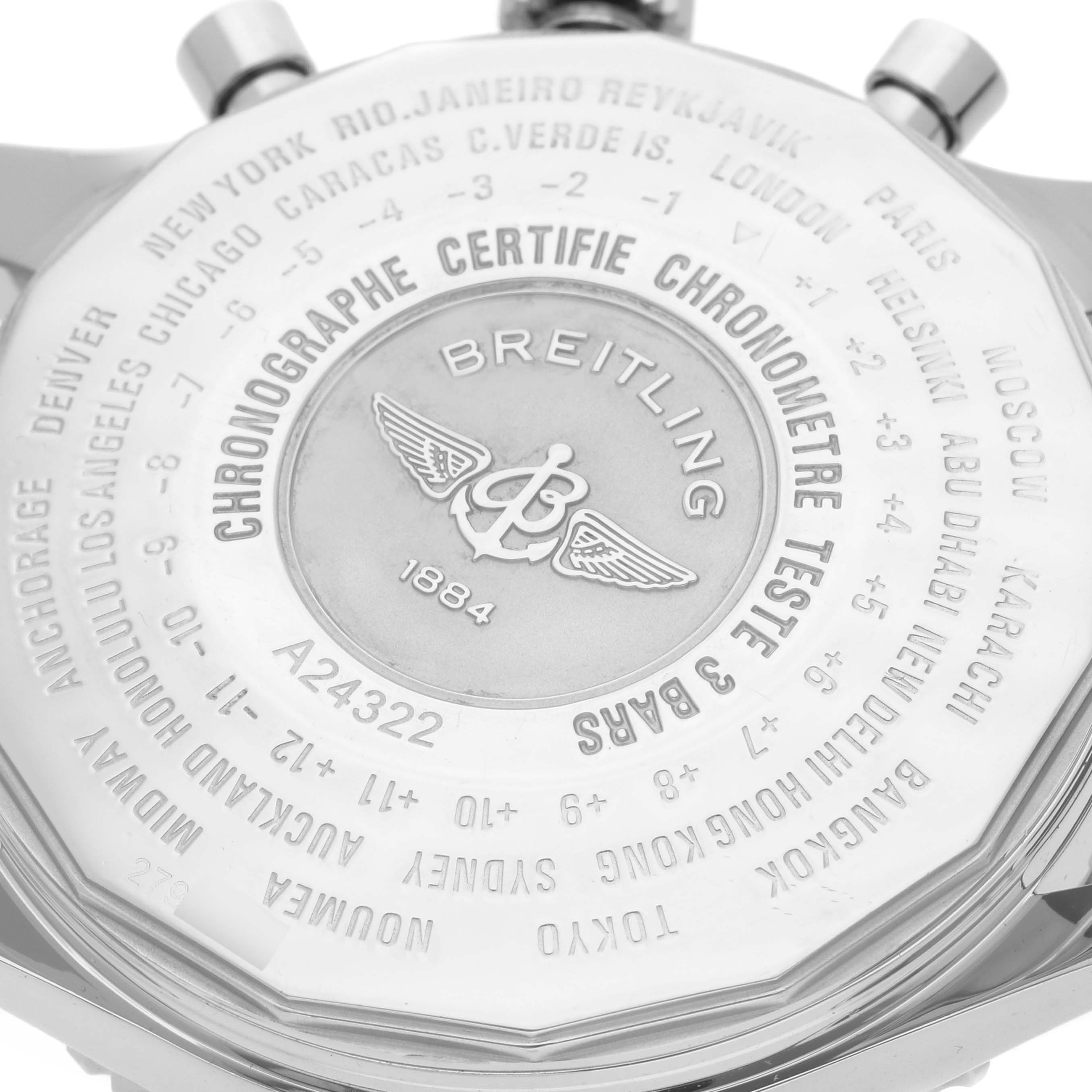 The image shows the back side of a Breitling Navitimer A24322 Men
s Stainless Steel Black Dial A24322 Men
s Stainless Steel Black Dial watch, highlighting the engraved details and buttons.