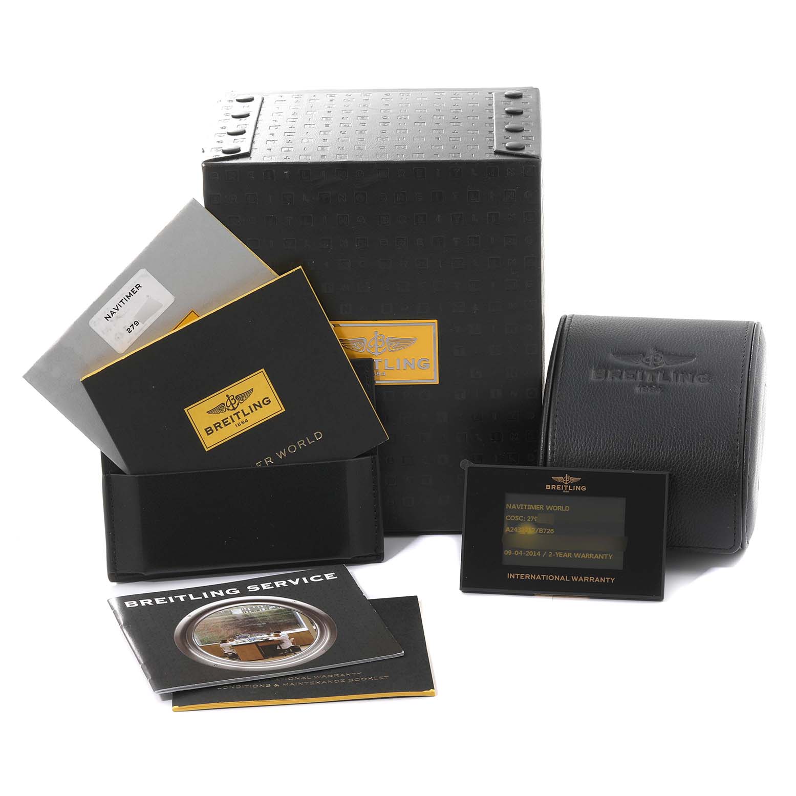 This image shows a Breitling Navitimer A24322 Men
s Stainless Steel Black Dial A24322 Men
s Stainless Steel Black Dial watch package including the box, warranty card, manuals, and a travel case.