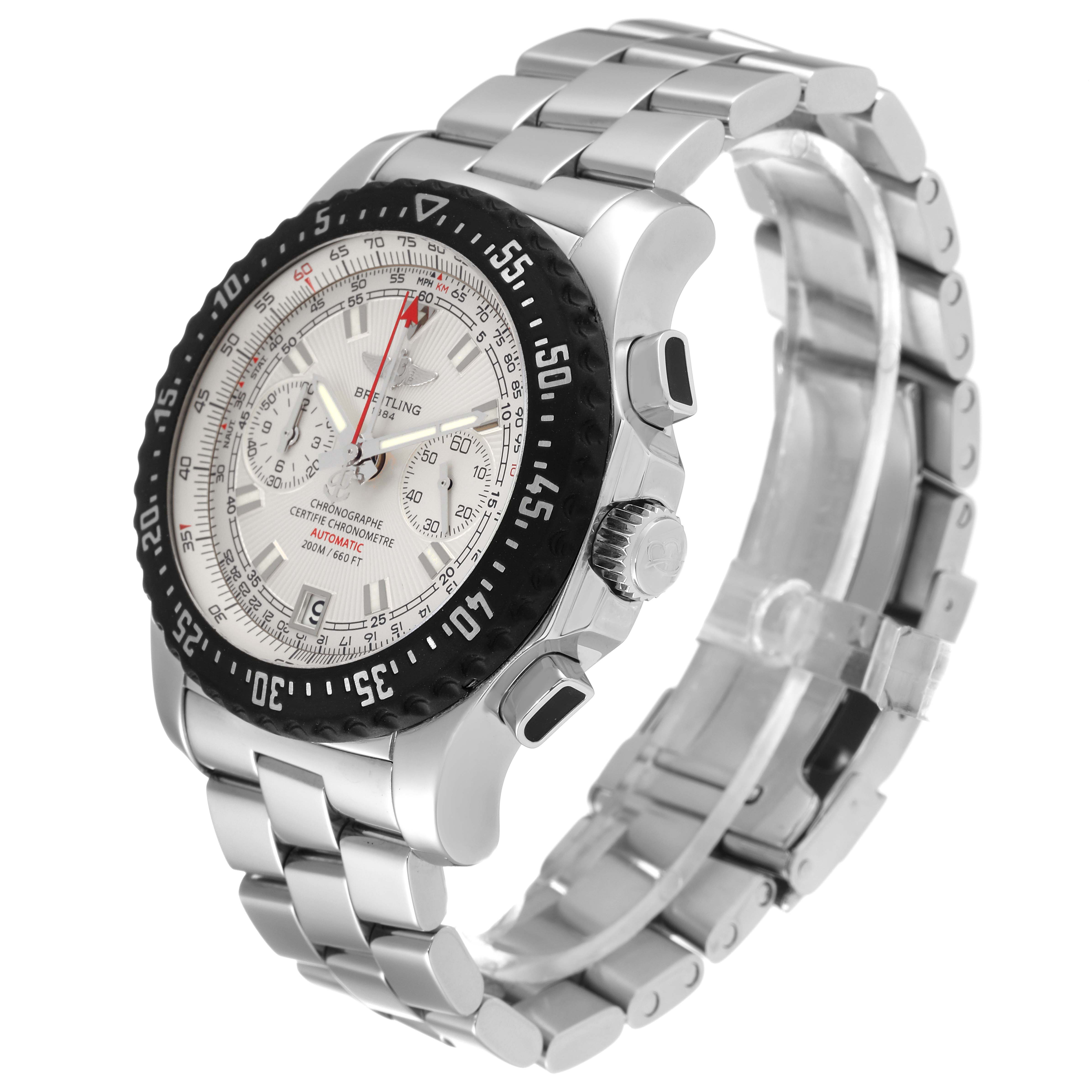 The image shows a side angle of the Breitling Professional Series A27364 Men's Stainless Steel Silver Dial A27364 Men's Stainless Steel Silver Dial watch, highlighting the bezel, dial, and metal bracelet.