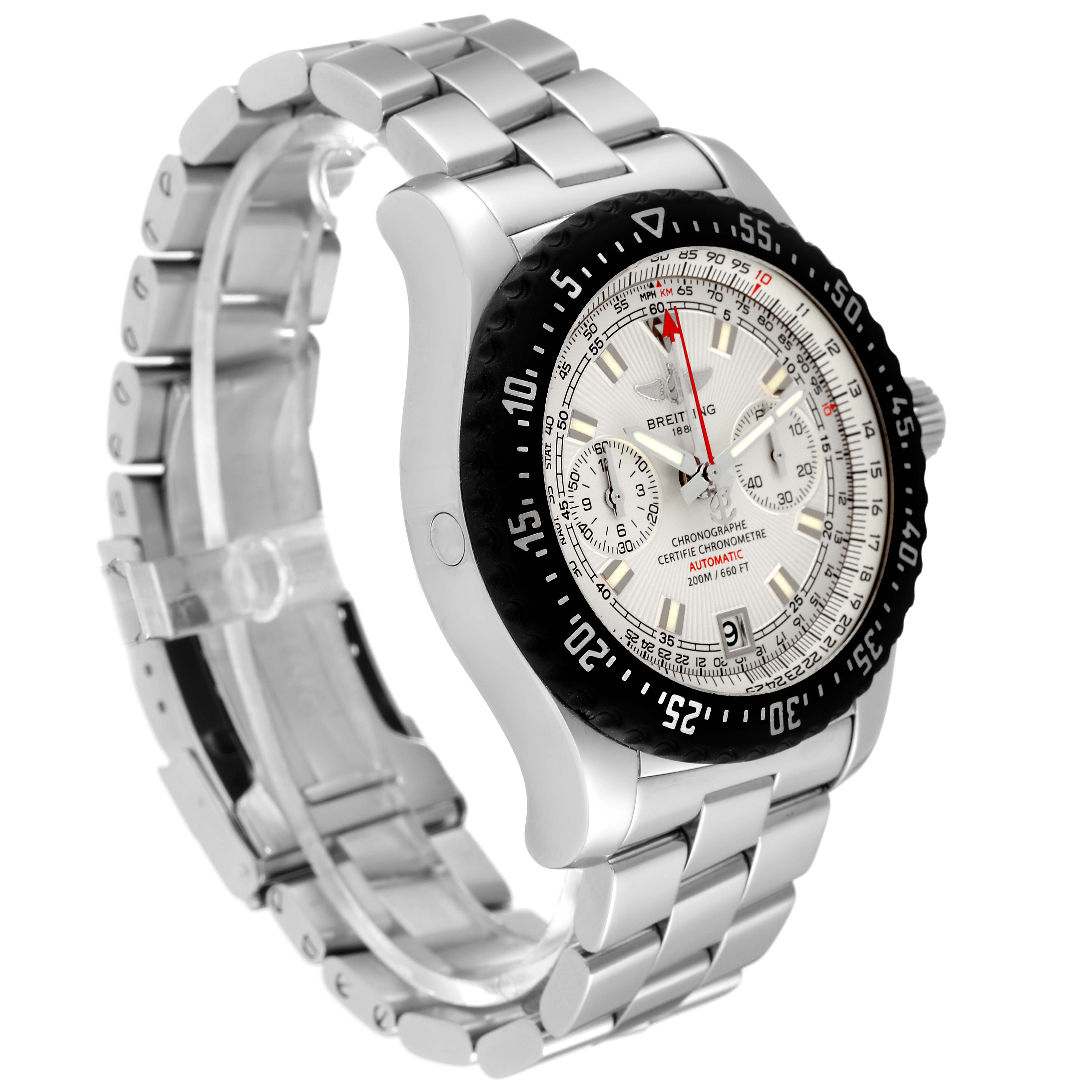 The image shows a side angle of a Breitling Professional Series A27364 Men's Stainless Steel Silver Dial A27364 Men's Stainless Steel Silver Dial watch, highlighting its face, bezel, crown, and metal bracelet.