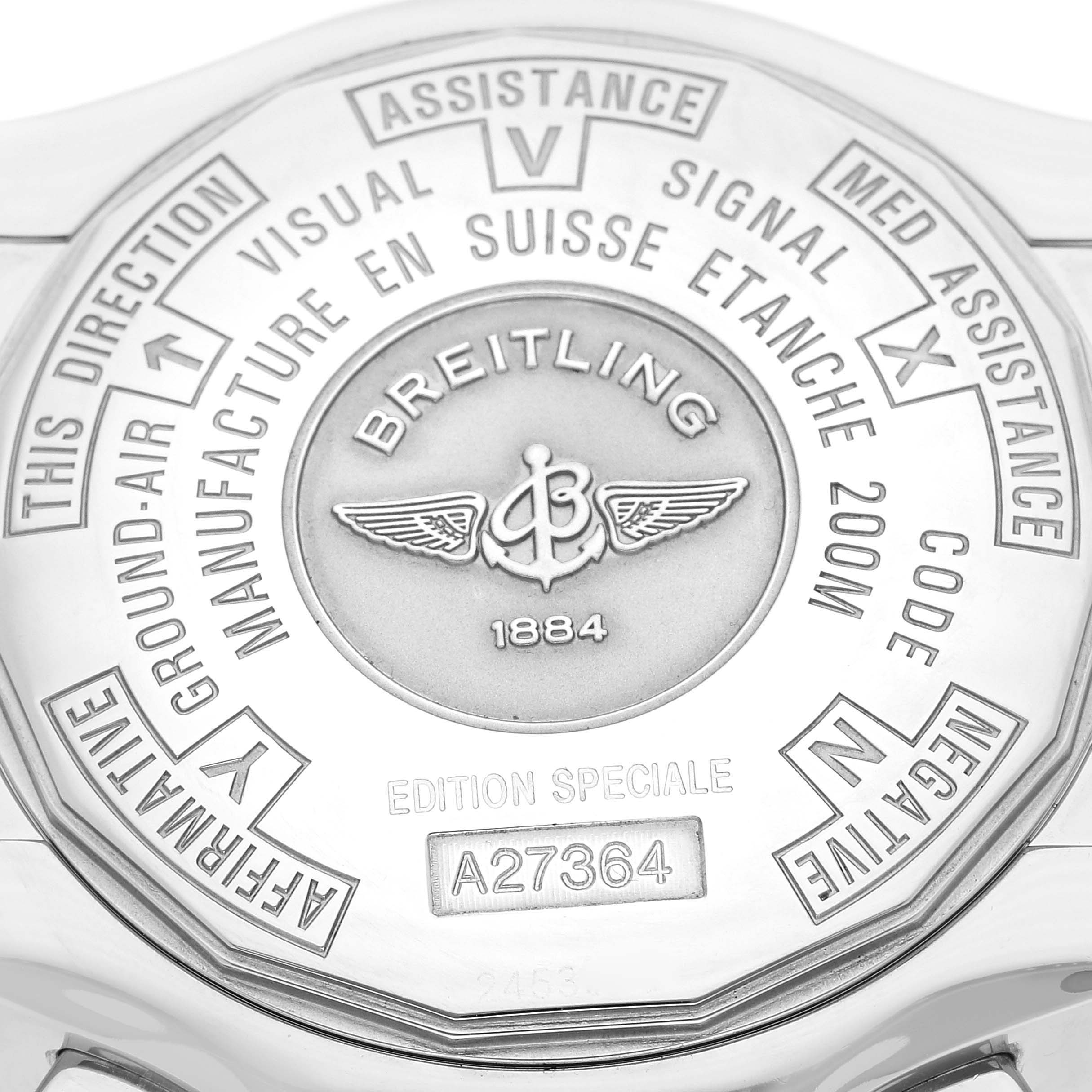 The image shows the case back of a Breitling Professional Series A27364 Men's Stainless Steel Silver Dial A27364 Men's Stainless Steel Silver Dial watch, including its branding, model number, and specifications.