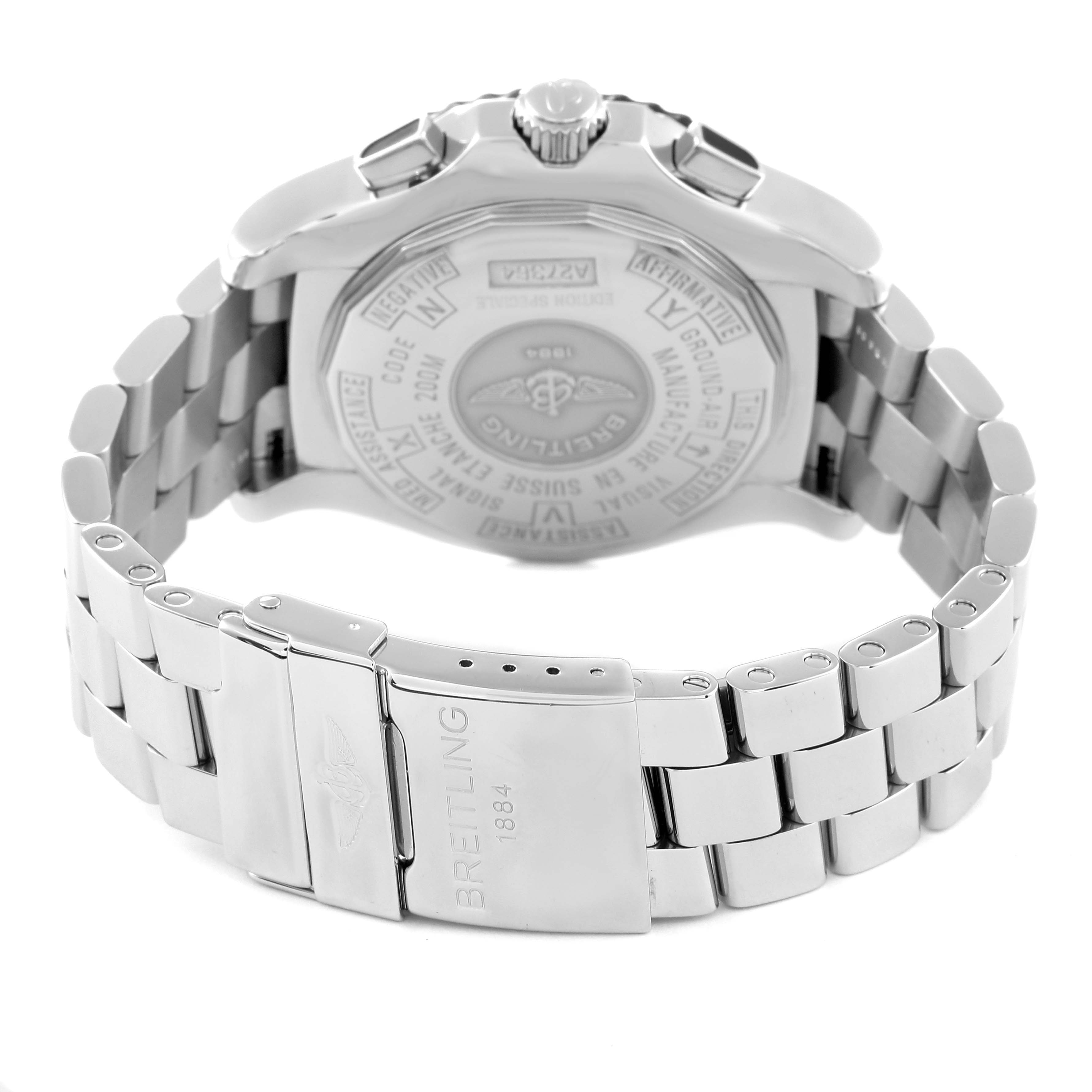 The image shows the back and clasp of a Breitling Professional Series A27364 Men's Stainless Steel Silver Dial A27364 Men's Stainless Steel Silver Dial watch, focusing on the case back and metal bracelet.