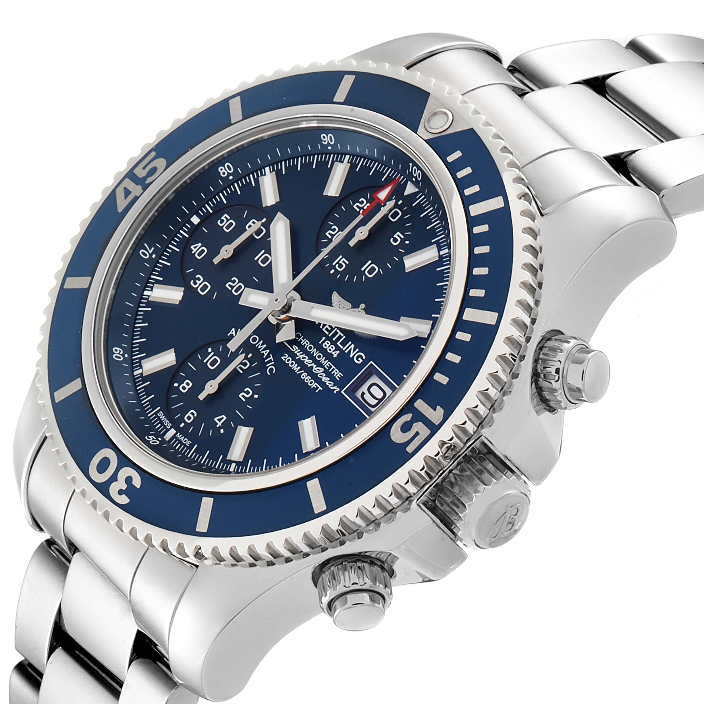 The Breitling Superocean A13311 Men's Stainless Steel Blue Dial A13311 Men's Stainless Steel Blue Dial watch is shown at an angle revealing its blue dial, bezel, crown, pushers, and metal bracelet.