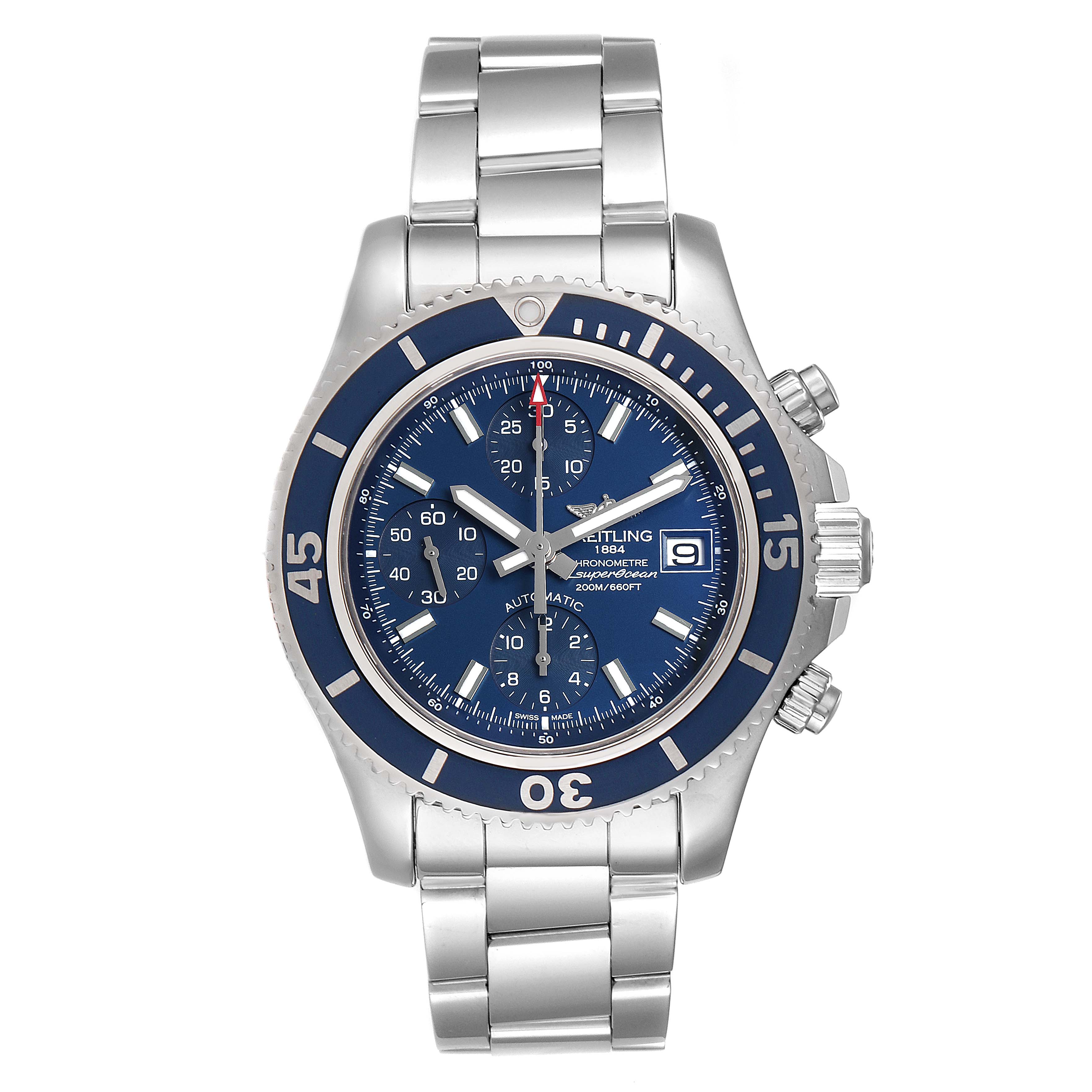 This image shows a frontal view of the Breitling Superocean A13311 Men's Stainless Steel Blue Dial A13311 Men's Stainless Steel Blue Dial watch, highlighting its blue dial, chronograph subdials, and stainless steel bracelet.