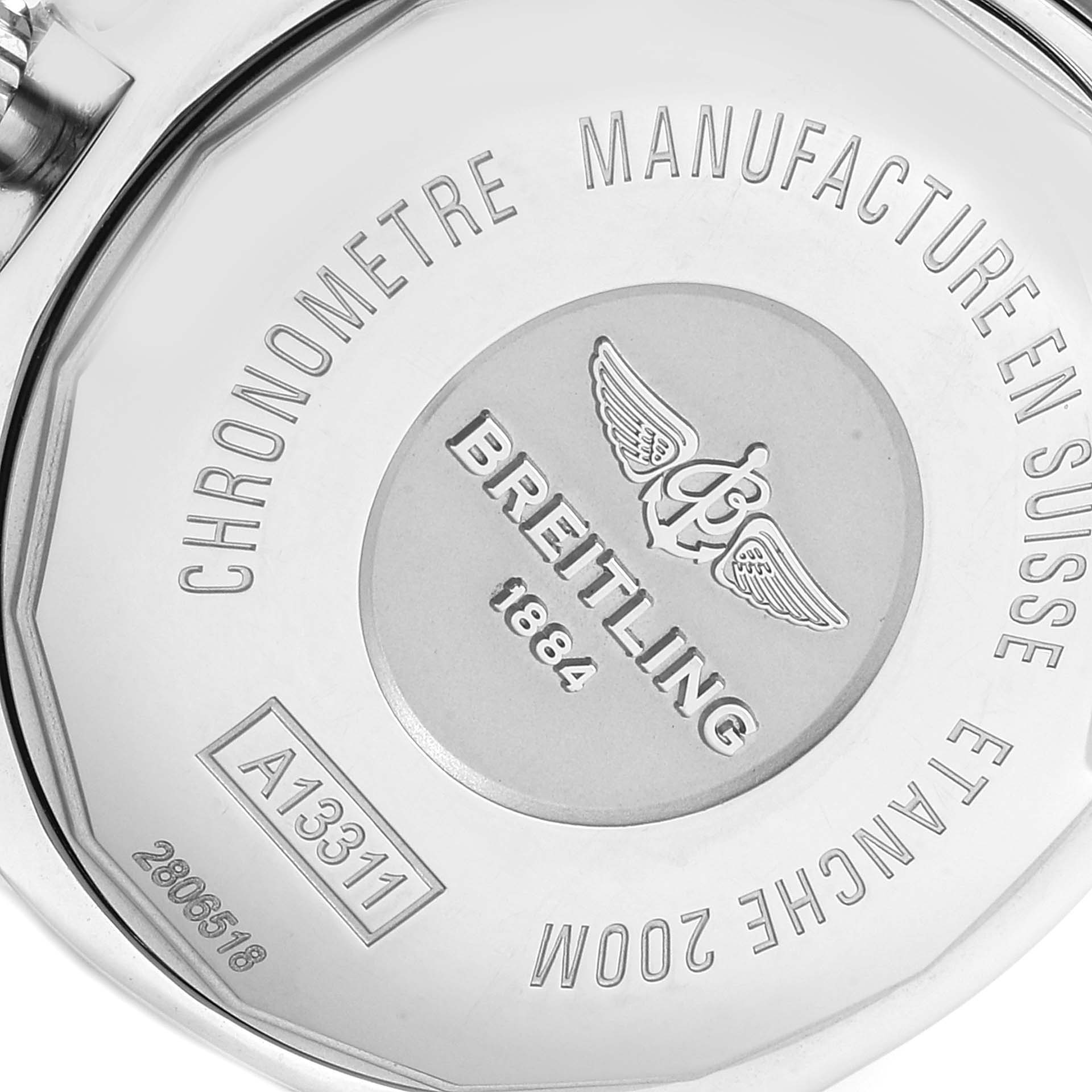 The image shows the back case of a Breitling Superocean A13311 Men's Stainless Steel Blue Dial A13311 Men's Stainless Steel Blue Dial watch, displaying the brand's logo, model number, and water resistance rating.