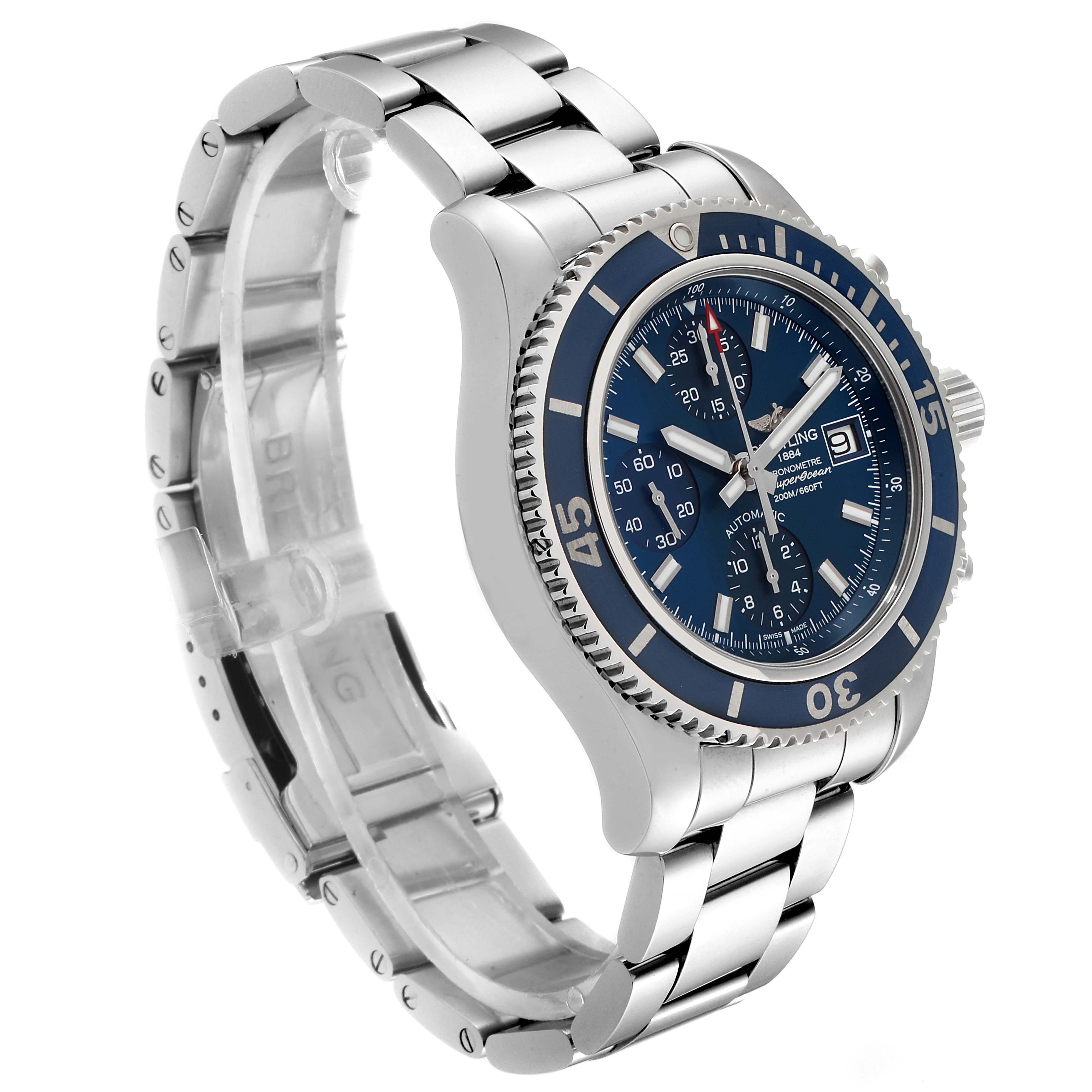 The image shows a Breitling Superocean A13311 Men's Stainless Steel Blue Dial A13311 Men's Stainless Steel Blue Dial watch at a three-quarter angle, highlighting its blue dial, bezel, and metal bracelet.