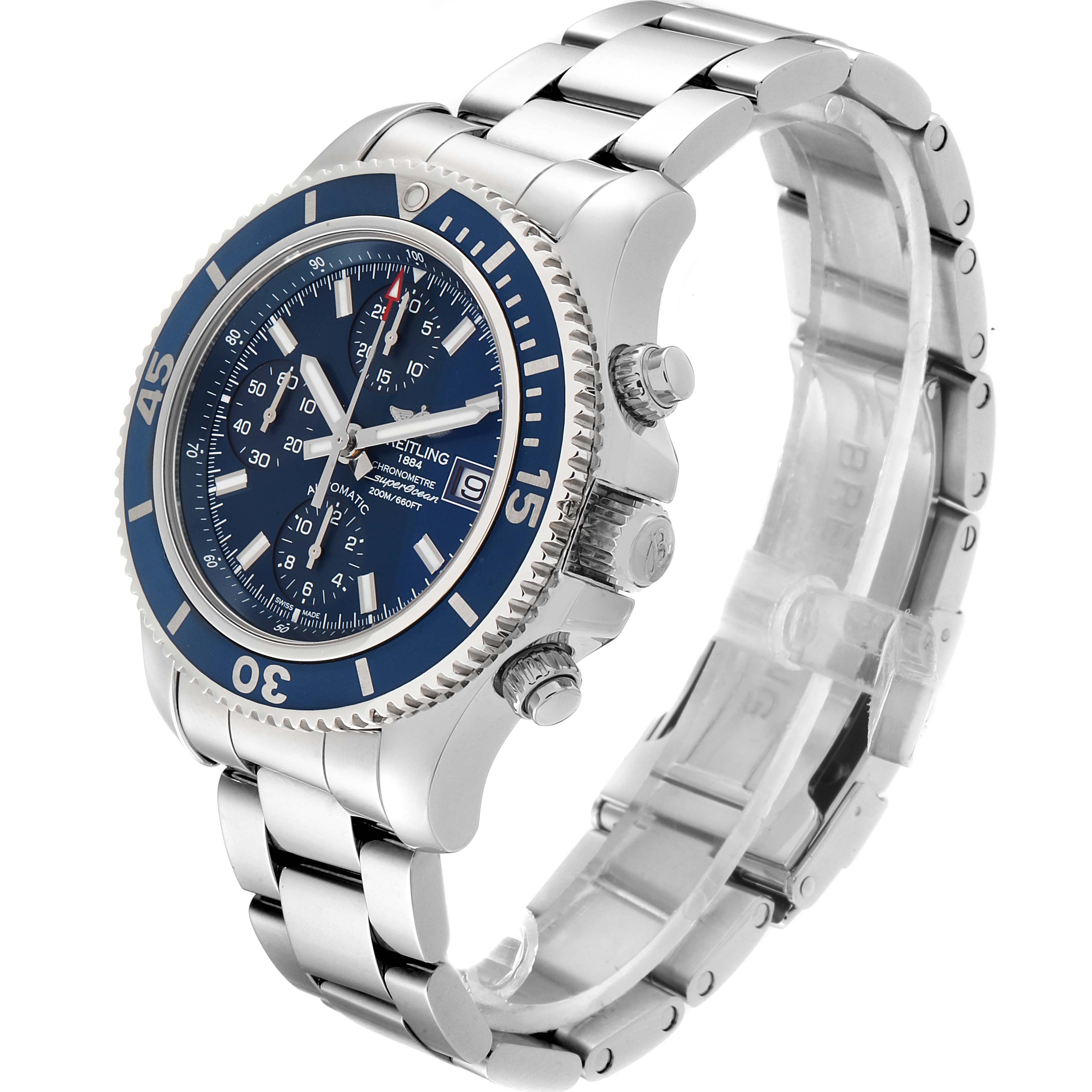 The Breitling Superocean A13311 Men's Stainless Steel Blue Dial A13311 Men's Stainless Steel Blue Dial watch is shown at a three-quarter angle displaying its bezel, crown, pushers, bracelet, and dial.