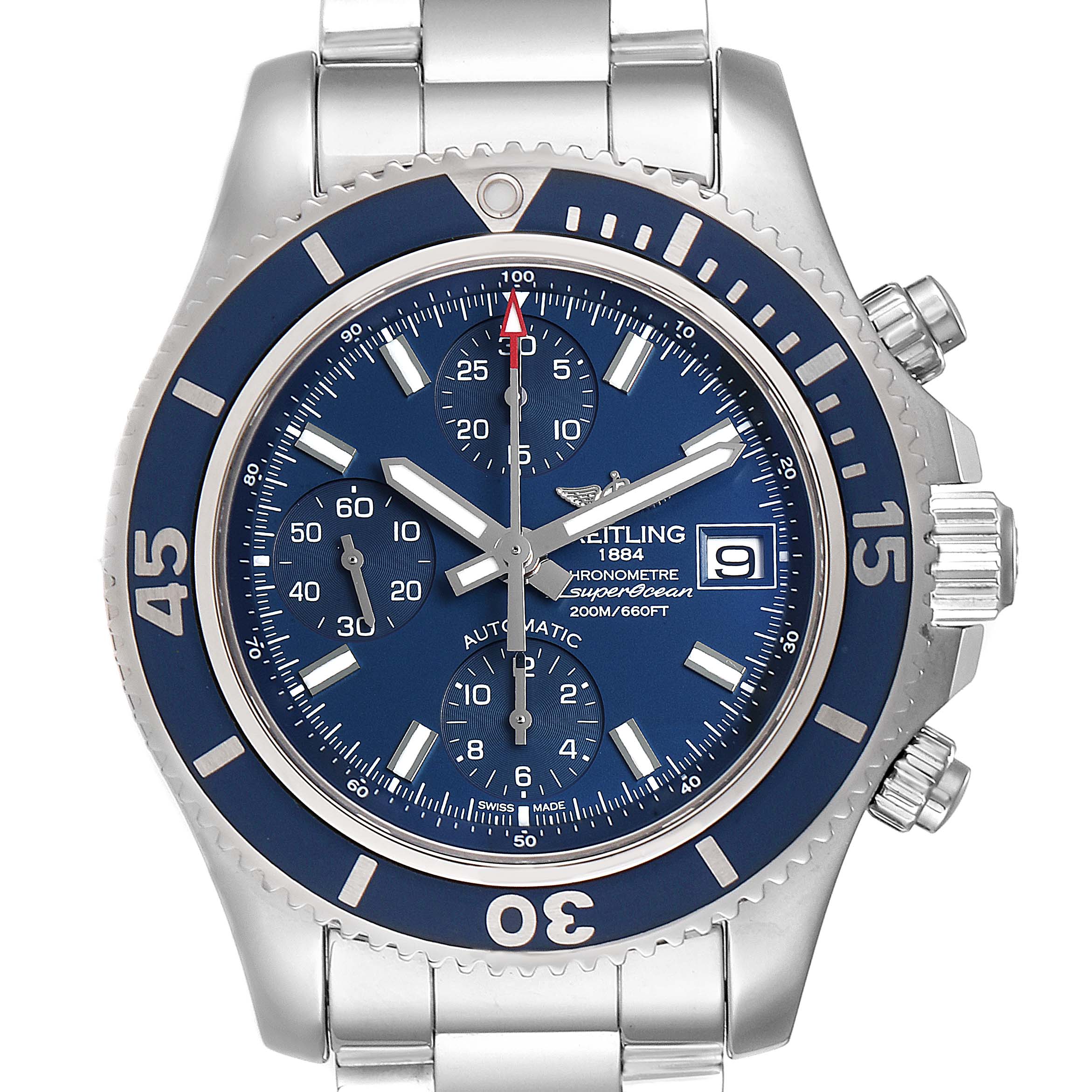 The image shows a front view of a Breitling Superocean A13311 Men's Stainless Steel Blue Dial A13311 Men's Stainless Steel Blue Dial watch, highlighting its blue dial, bezel, subdials, and metal bracelet.