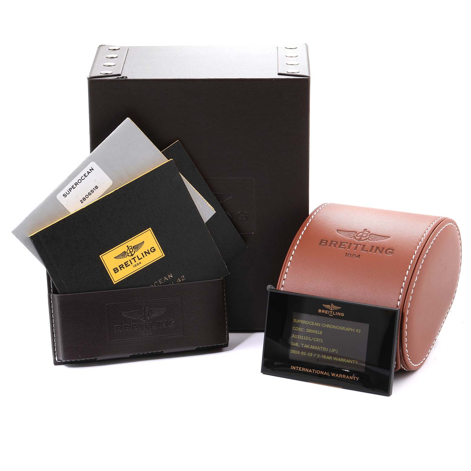 The image shows the packaging, manuals, warranty card, and watch case for a Breitling Superocean A13311 Men's Stainless Steel Blue Dial A13311 Men's Stainless Steel Blue Dial model.