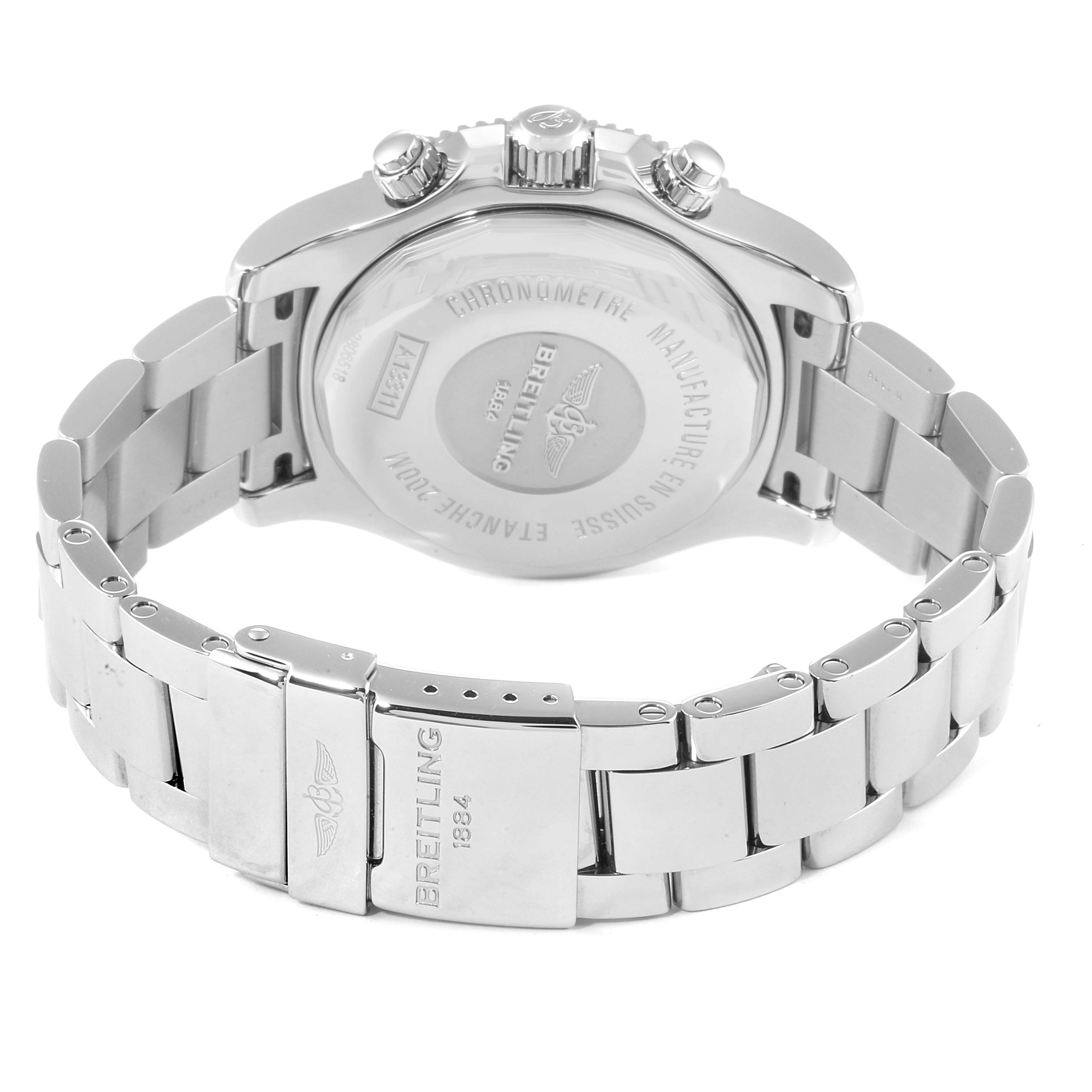 The image shows the back case and bracelet of a Breitling Superocean A13311 Men's Stainless Steel Blue Dial A13311 Men's Stainless Steel Blue Dial watch at an angled rear view.