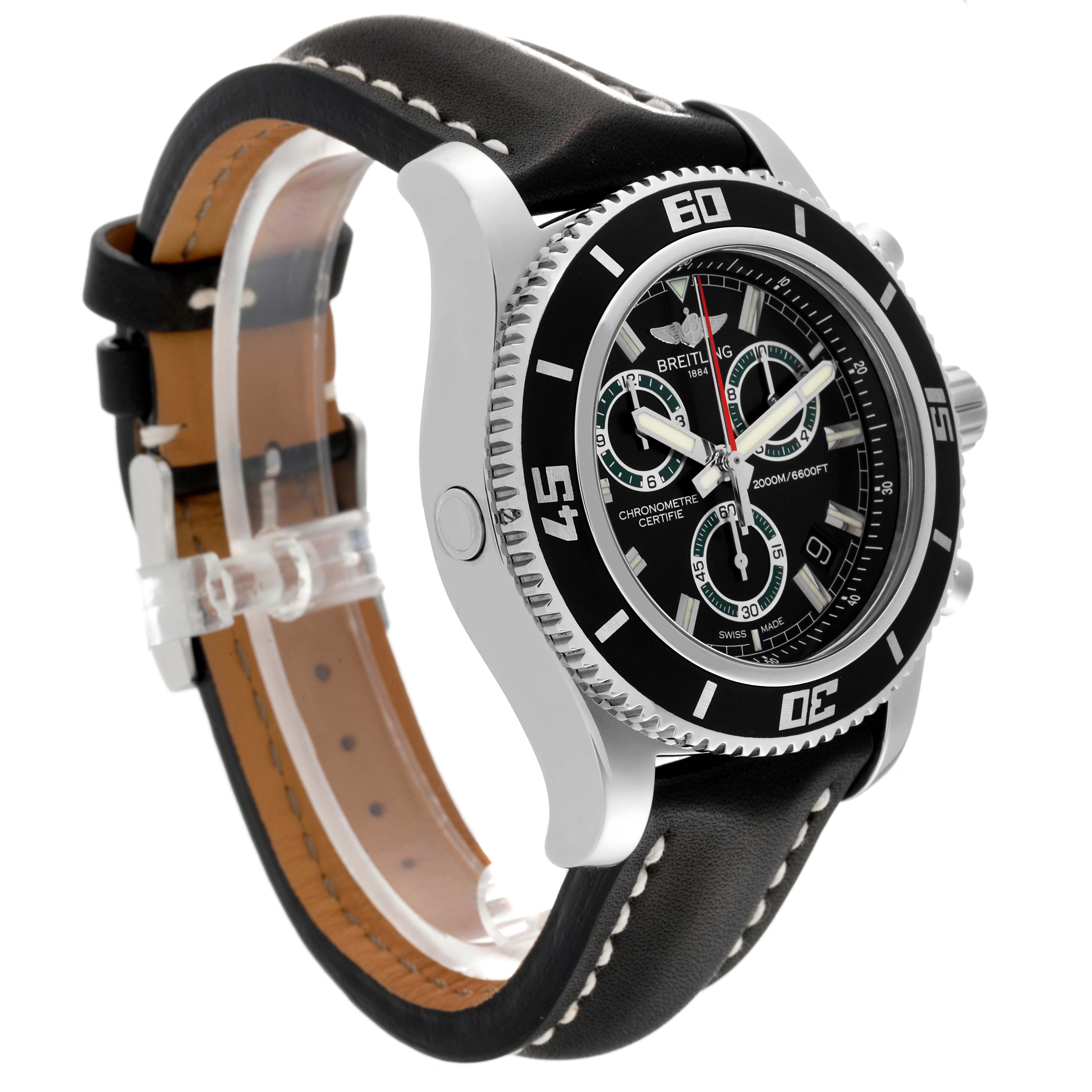 This image shows a Breitling Superocean A73310 Men's Stainless Steel Black Dial A73310 Men's Stainless Steel Black Dial watch angled from the left side, highlighting the bezel, dial, and leather strap.