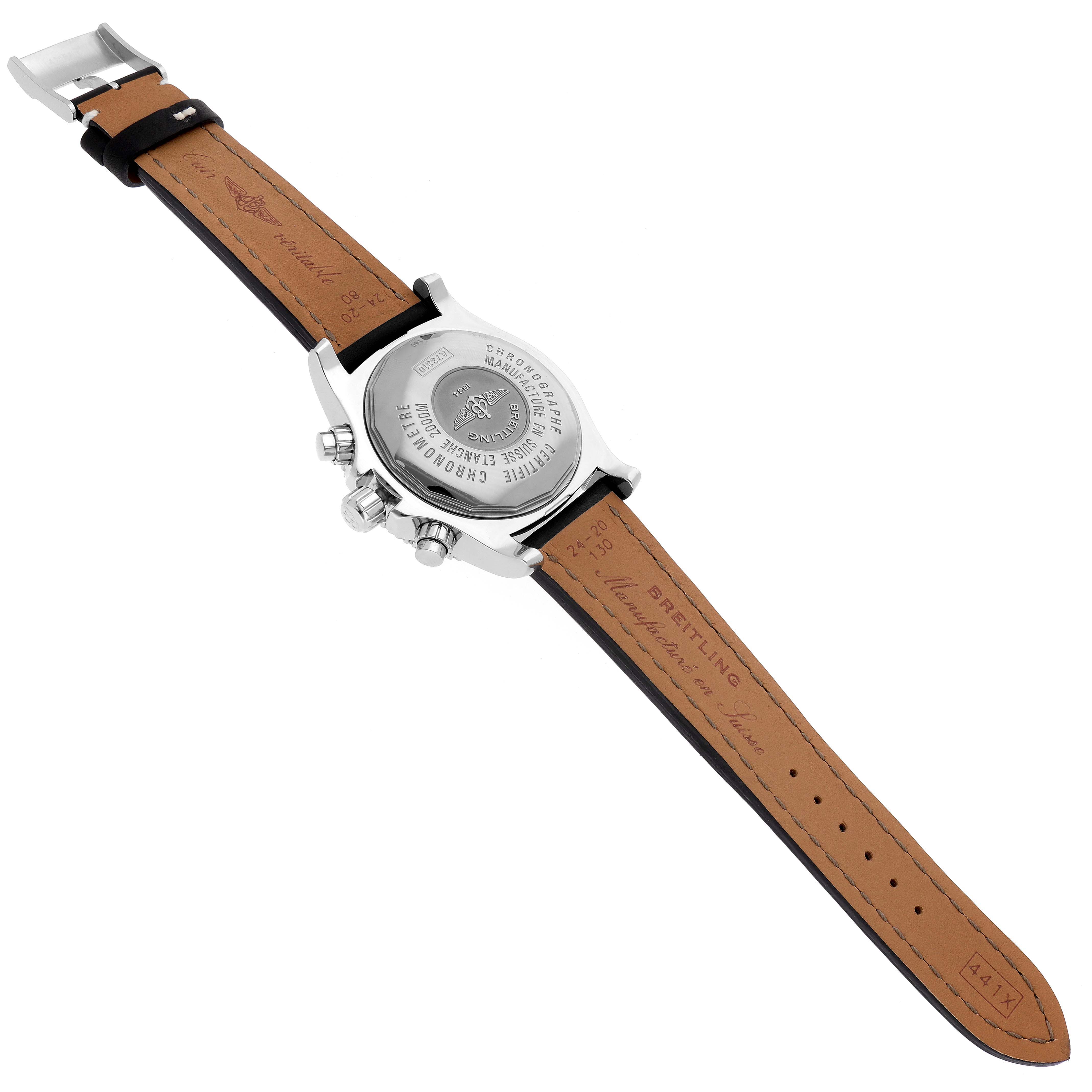 This image shows the back side of the Breitling Superocean A73310 Men's Stainless Steel Black Dial A73310 Men's Stainless Steel Black Dial watch, highlighting the case back and the leather strap.