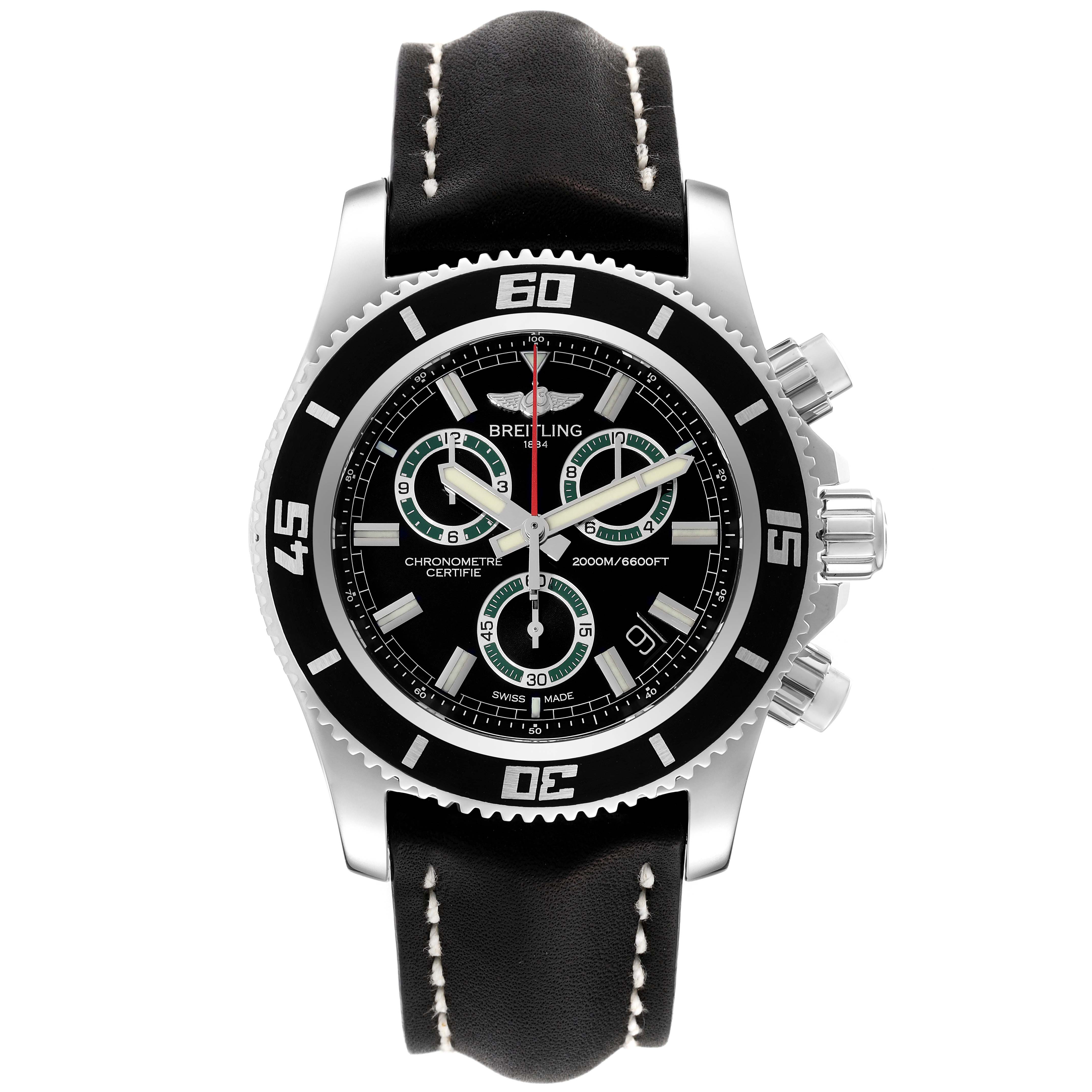 The Breitling Superocean A73310 Men's Stainless Steel Black Dial A73310 Men's Stainless Steel Black Dial watch is shown from a top-down angle, displaying its dial, bezel, and leather strap.
